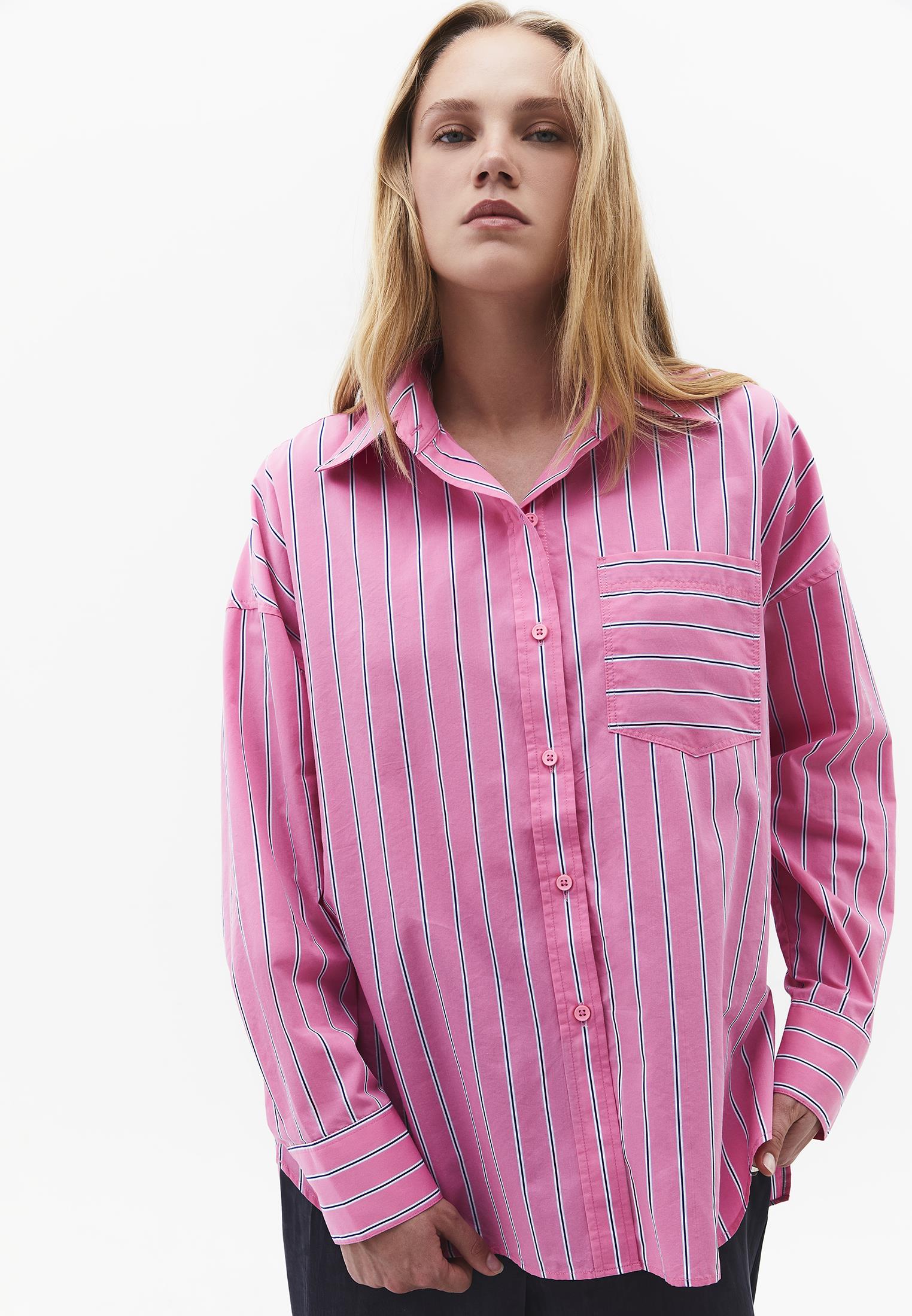 Oversize Shirt Collar Long Sleeve Shirt - AURORA PINK STRIPE