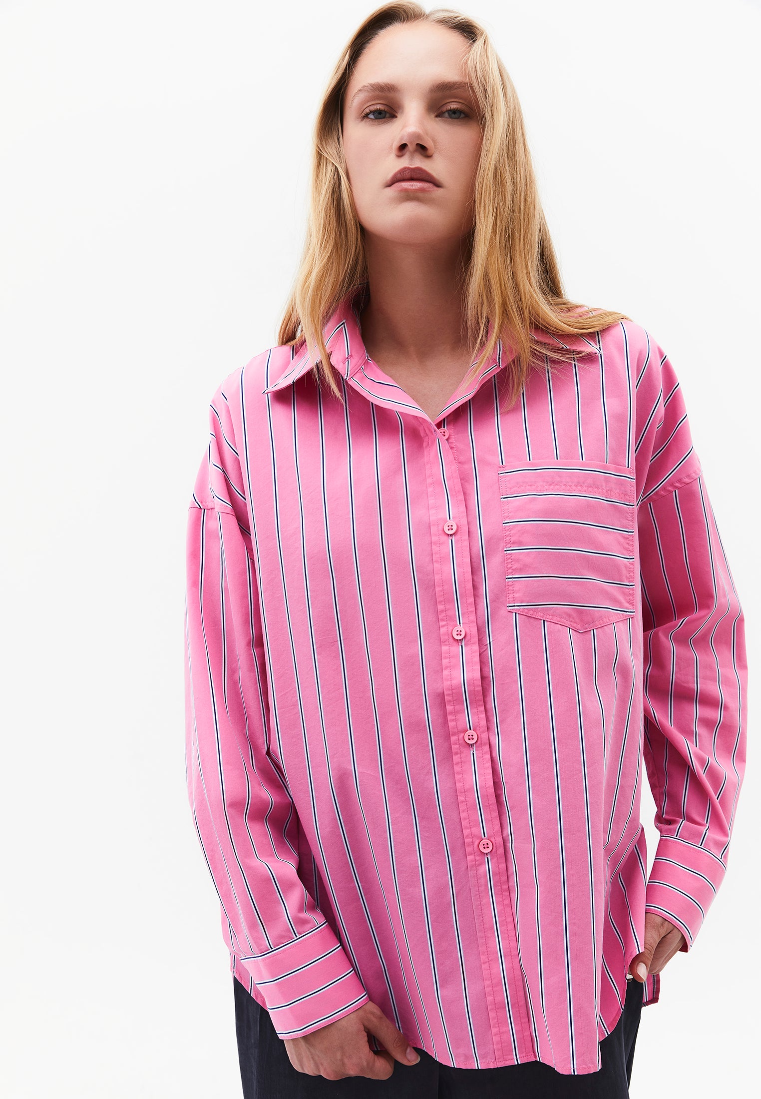 Oversize Shirt Collar Long Sleeve Shirt - AURORA PINK STRIPE