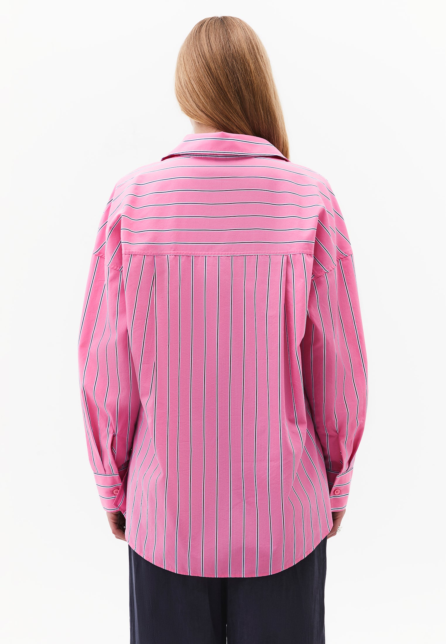 Oversize Shirt Collar Long Sleeve Shirt - AURORA PINK STRIPE