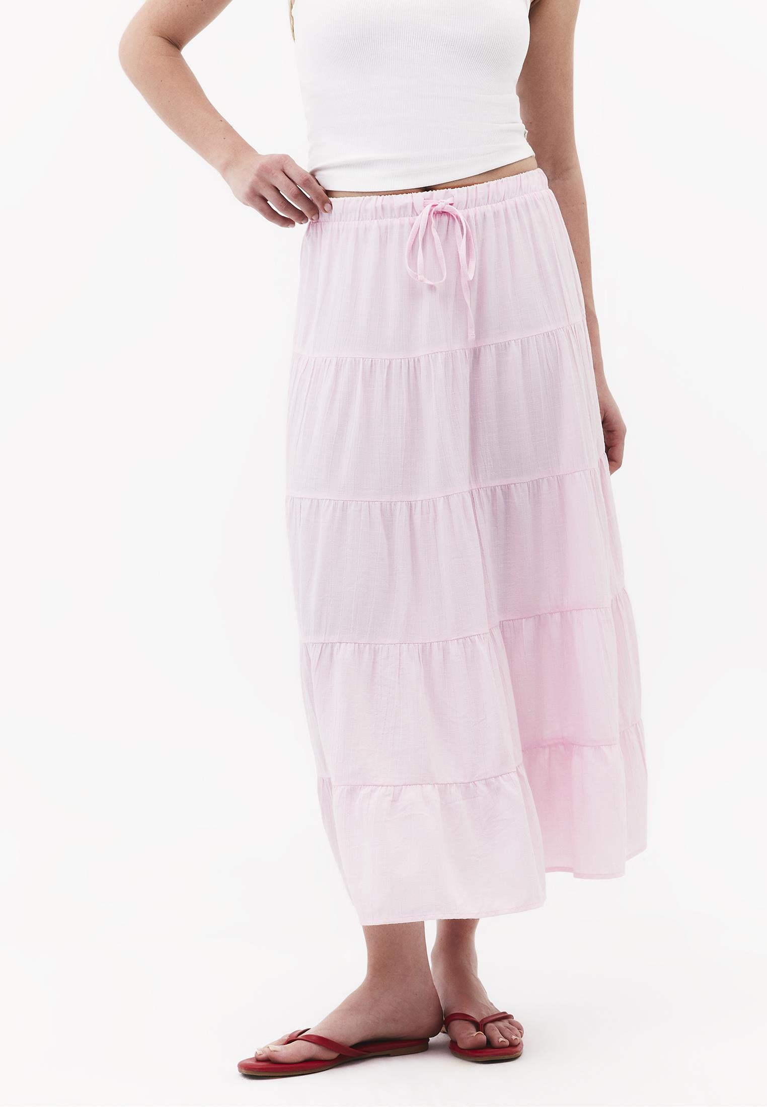 High Waist Ruched Midi Skirt - BARELY PINK