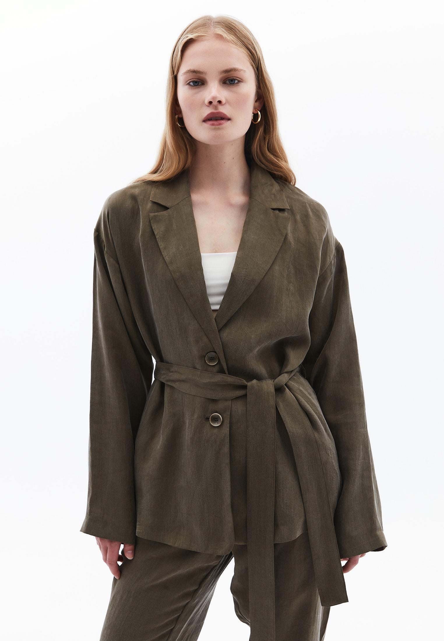Woven Belted Loose Fit Standard Long Sleeve Jacket - BEECH