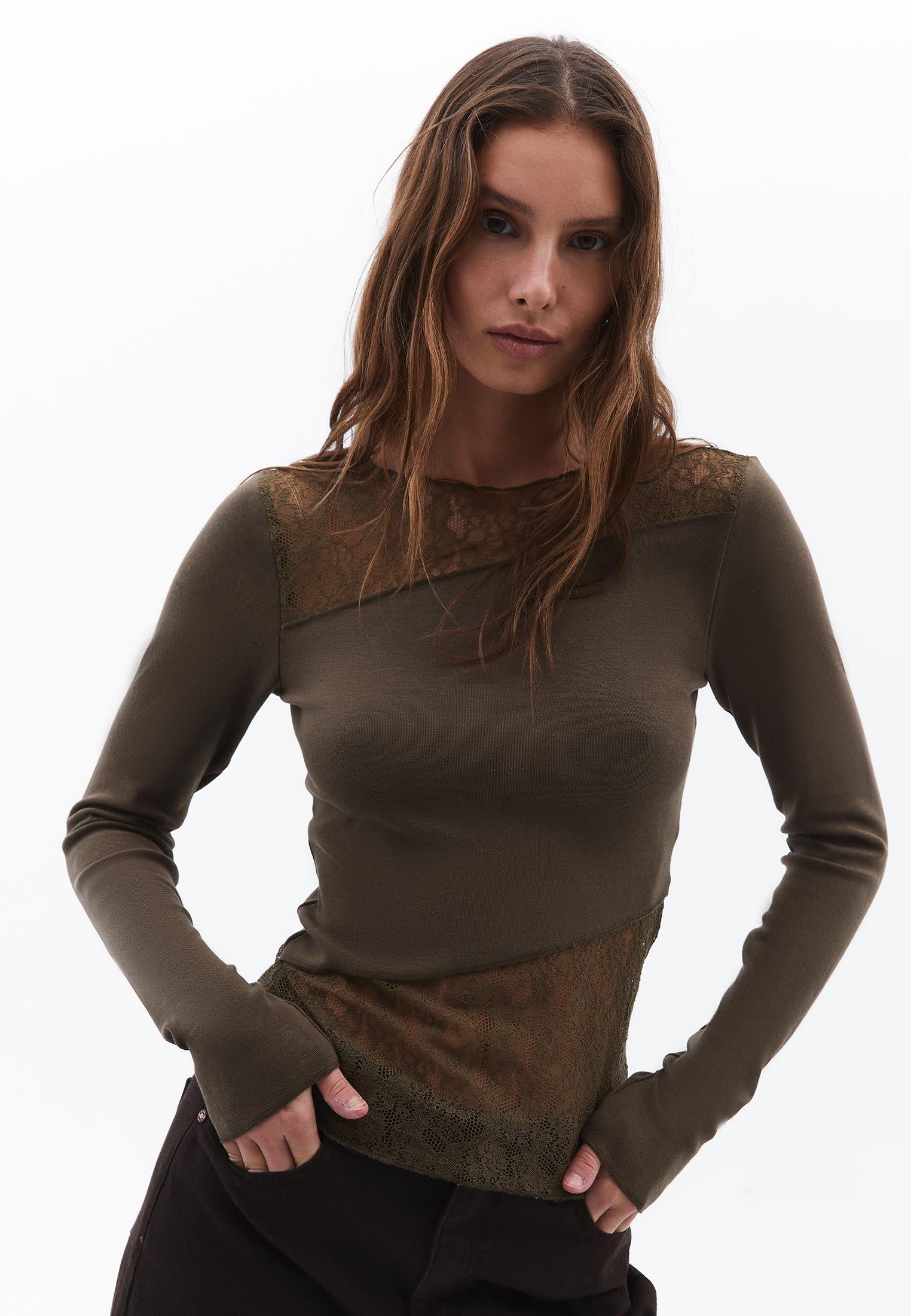 Closed Cut Long Sleeve Crew Neck T-Shirt - BEECH