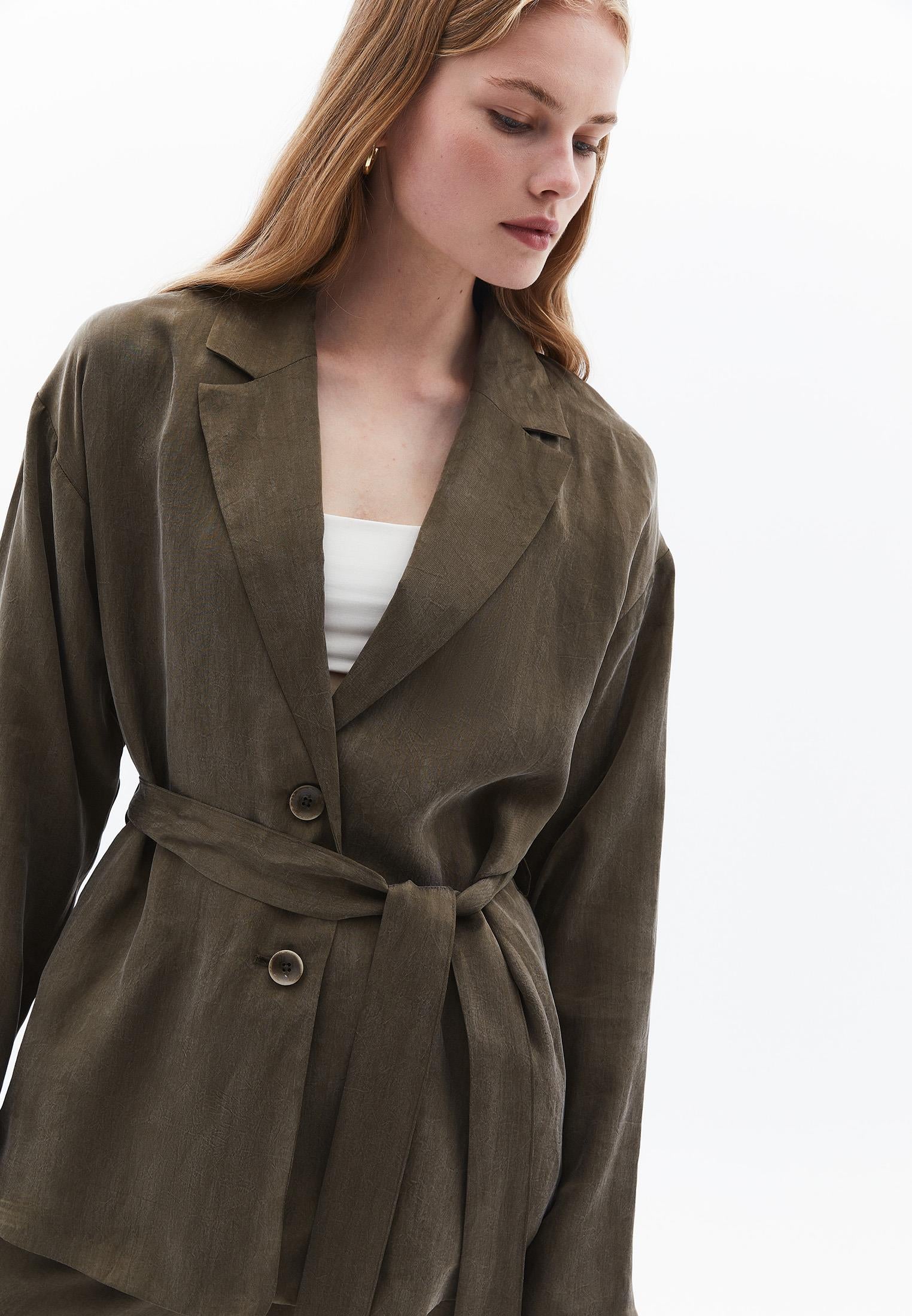 Woven Belted Loose Fit Standard Long Sleeve Jacket - BEECH
