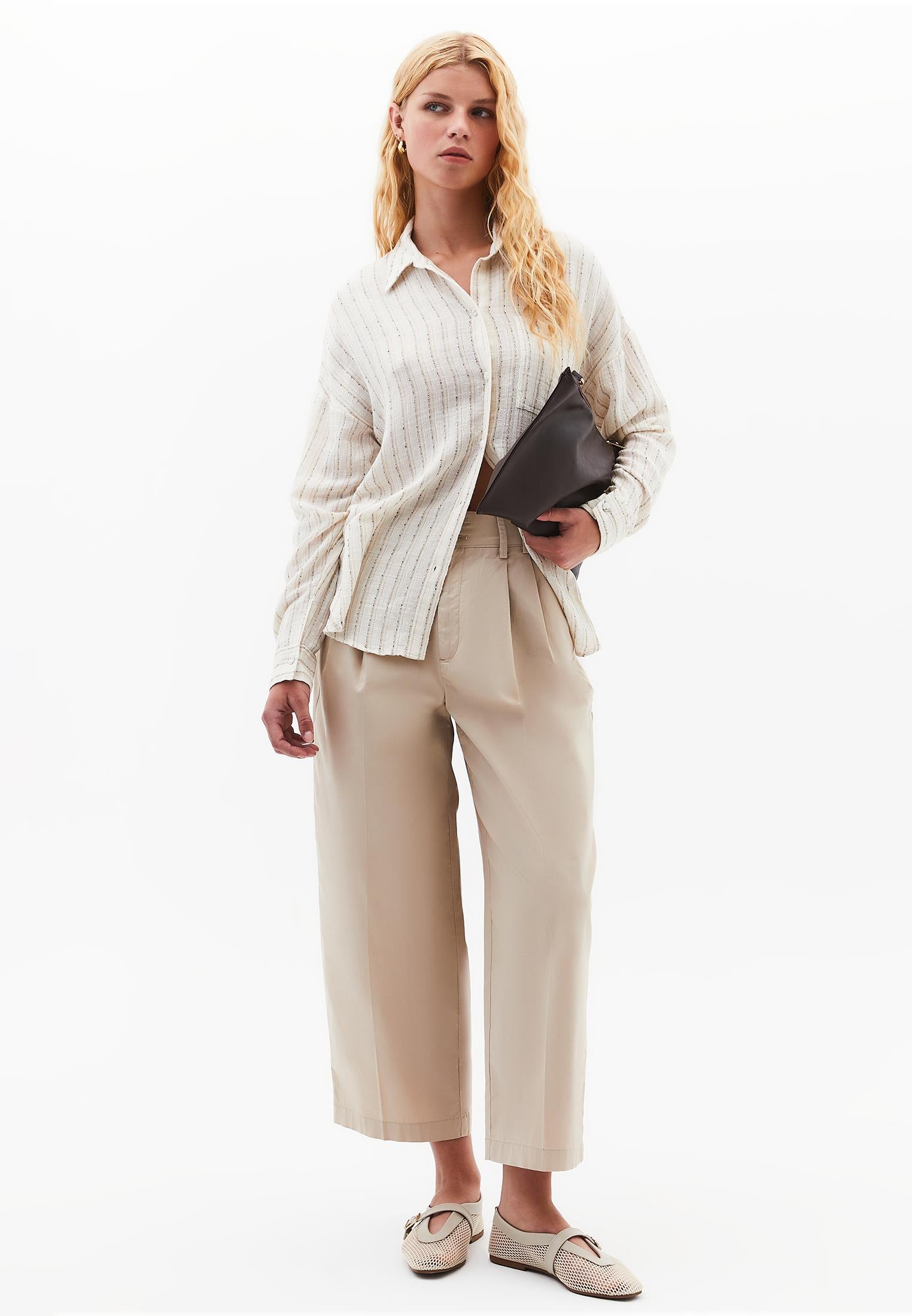 Oversize Long Sleeve Shirt - BEIGE STRIPE