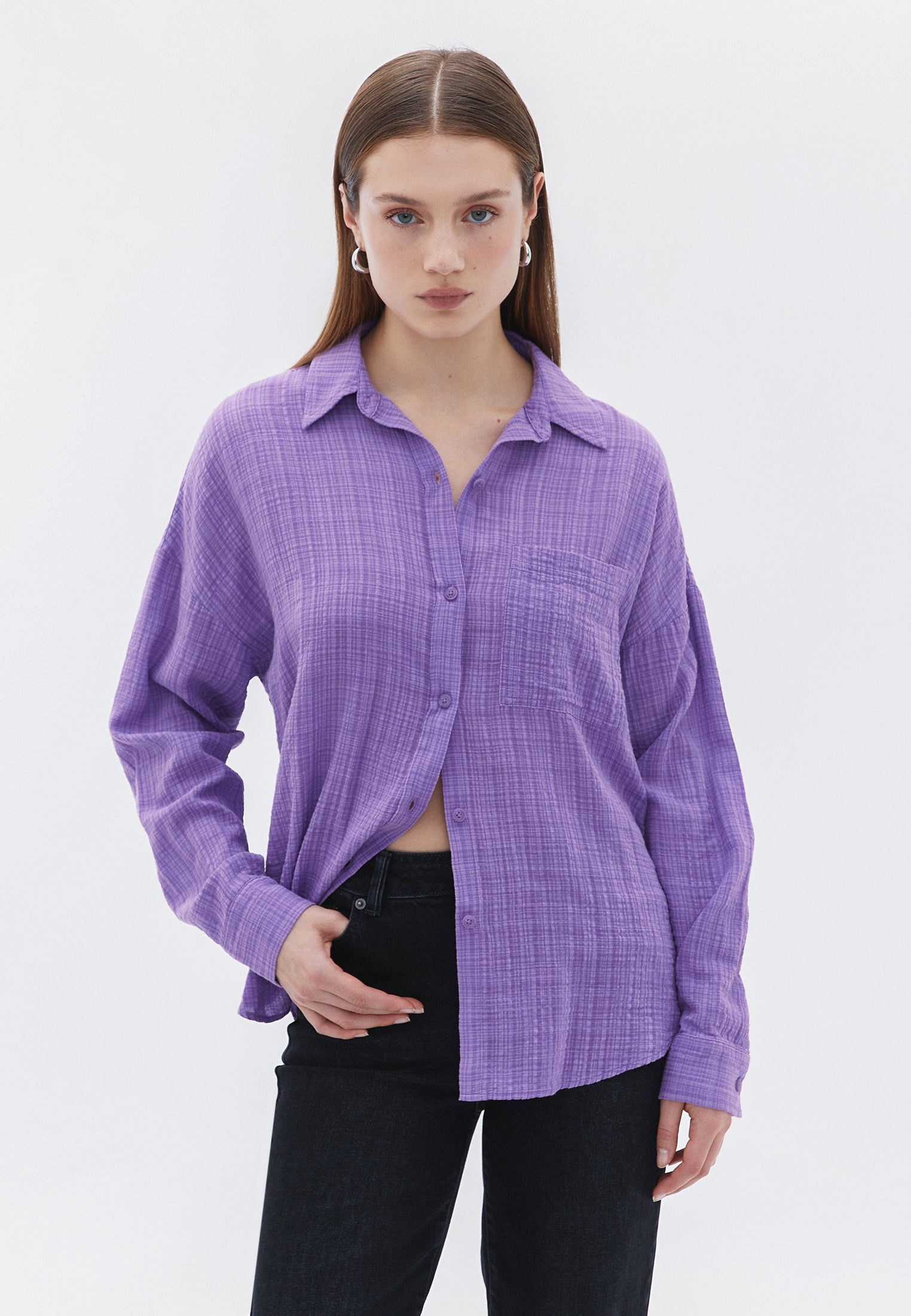 Oversize Long Sleeve Shirt With Pocket Detail - BELLFLOWER