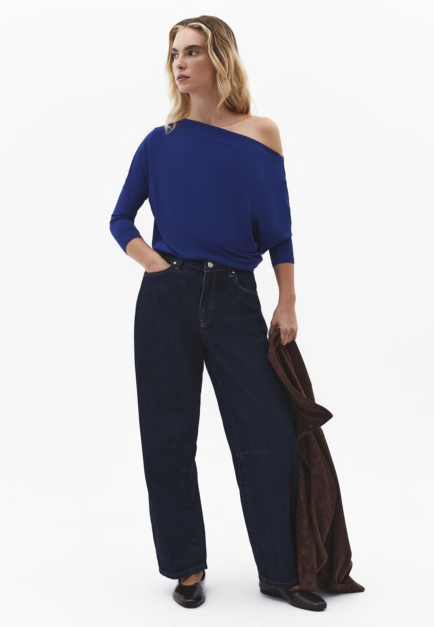 Asymmetric Neck Batwing Sleeve T-Shirt - BELLWETHER BLUE