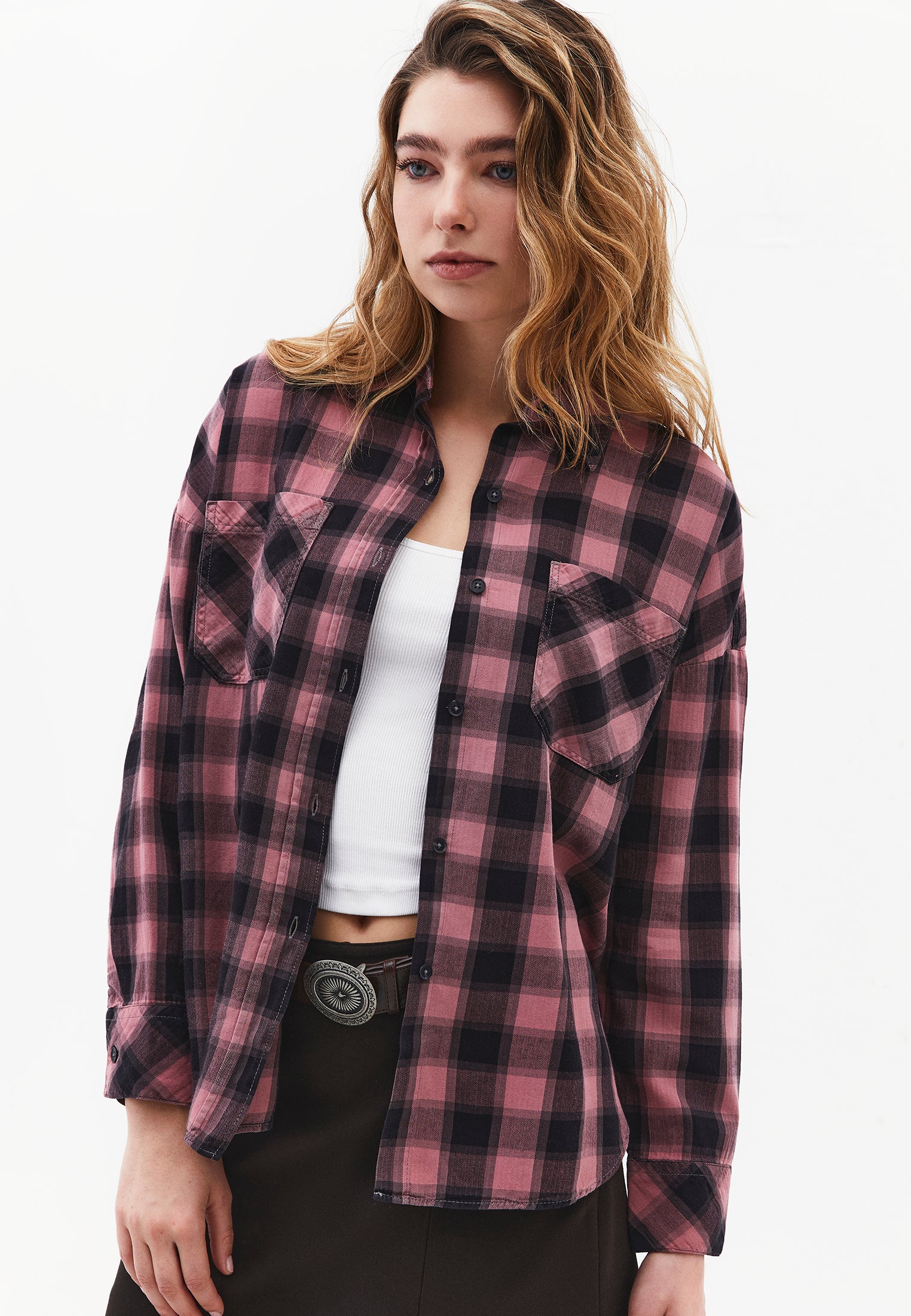 Oversize Short Shirt Collar Long Sleeve Shirt - BISON CHECK