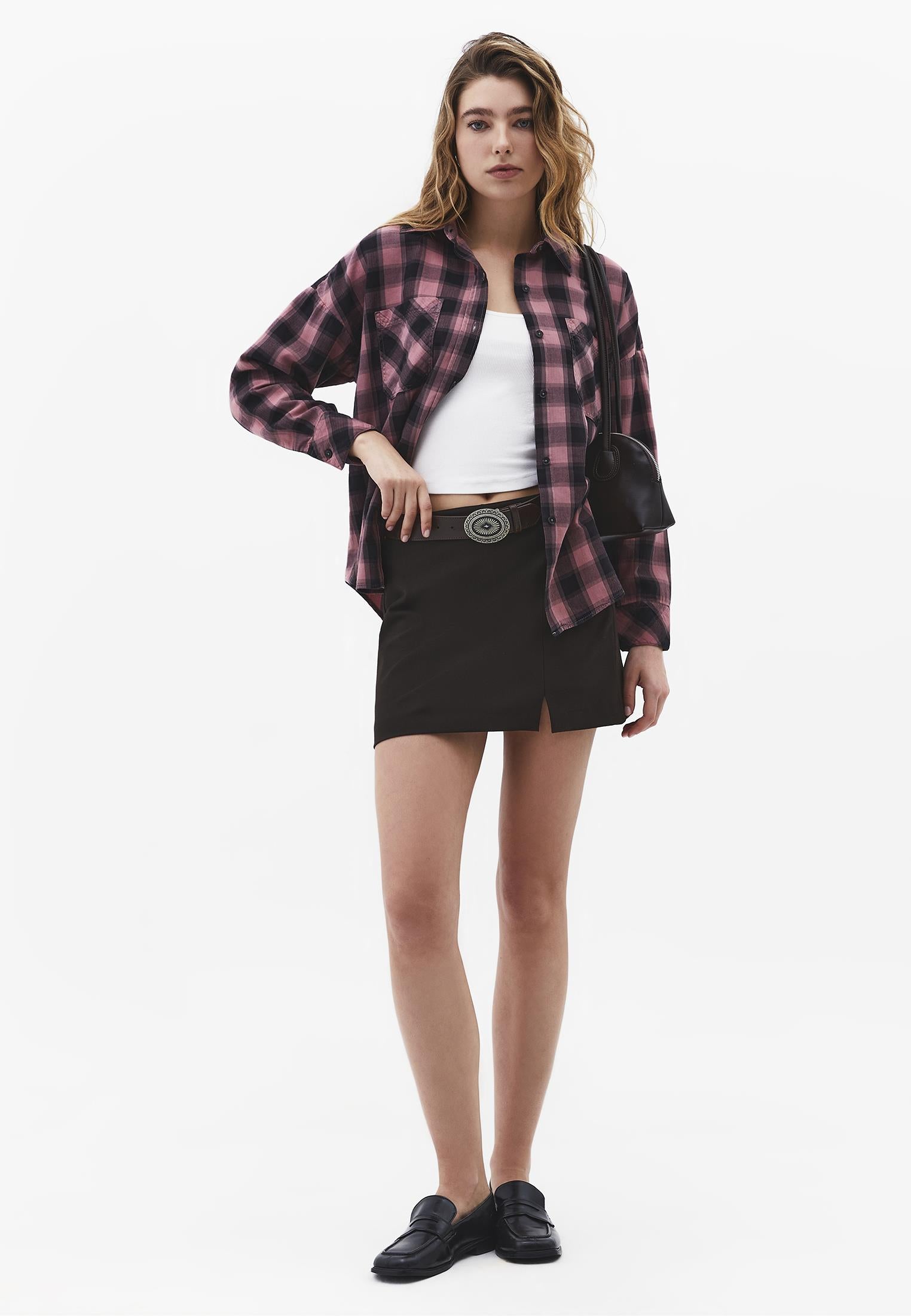 Oversize Short Shirt Collar Long Sleeve Shirt - BISON CHECK