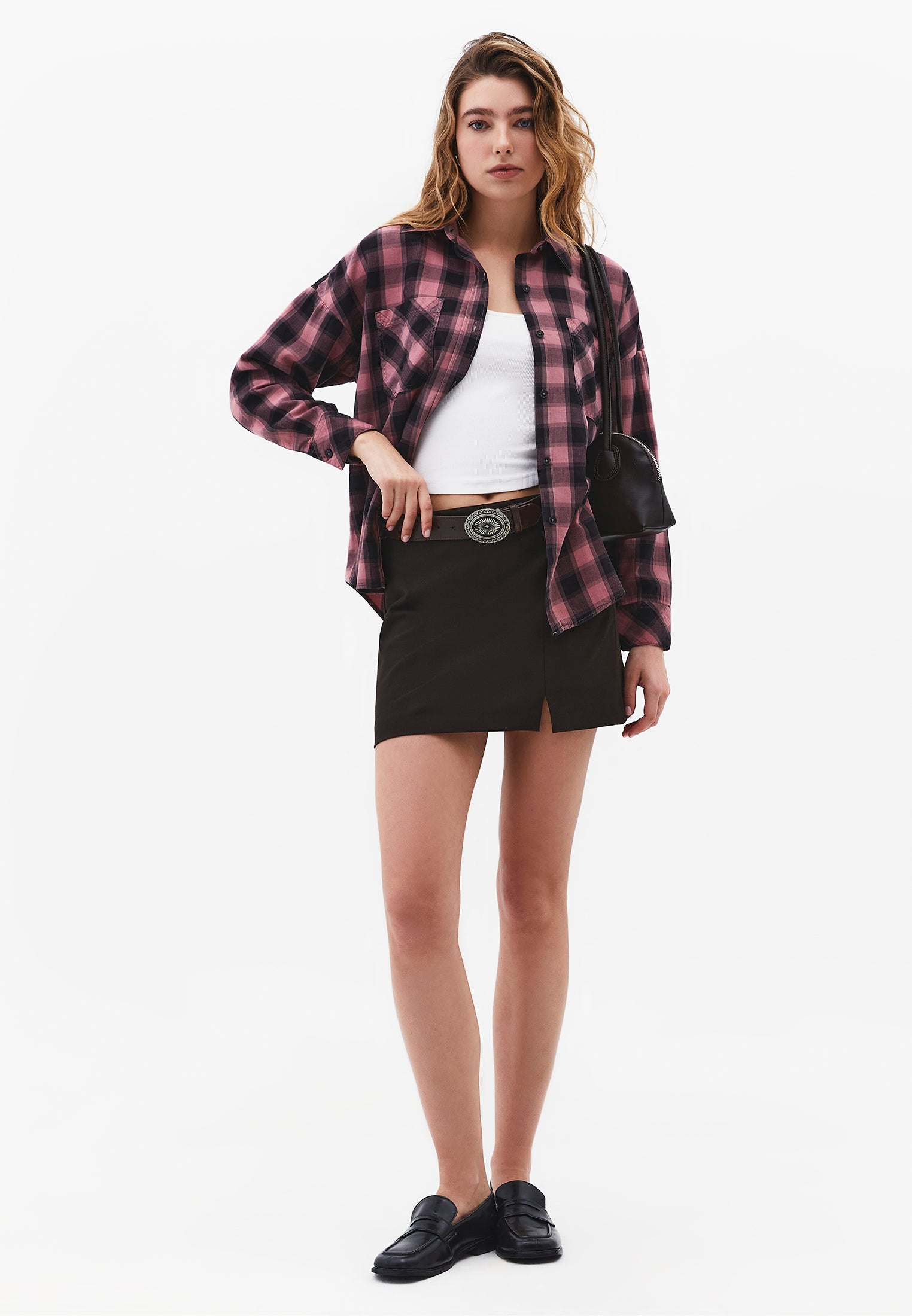 Oversize Short Shirt Collar Long Sleeve Shirt - BISON CHECK