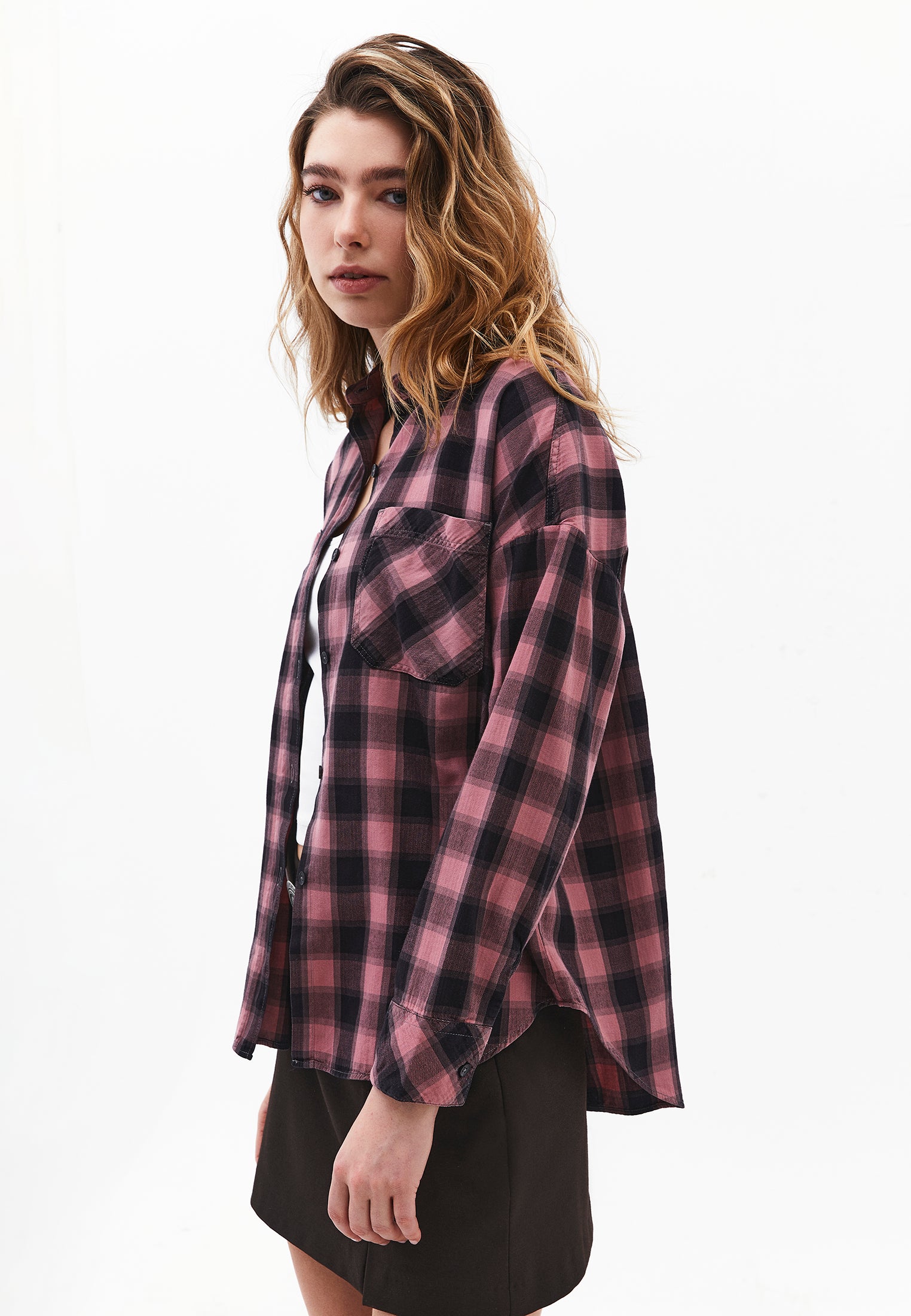 Oversize Short Shirt Collar Long Sleeve Shirt - BISON CHECK