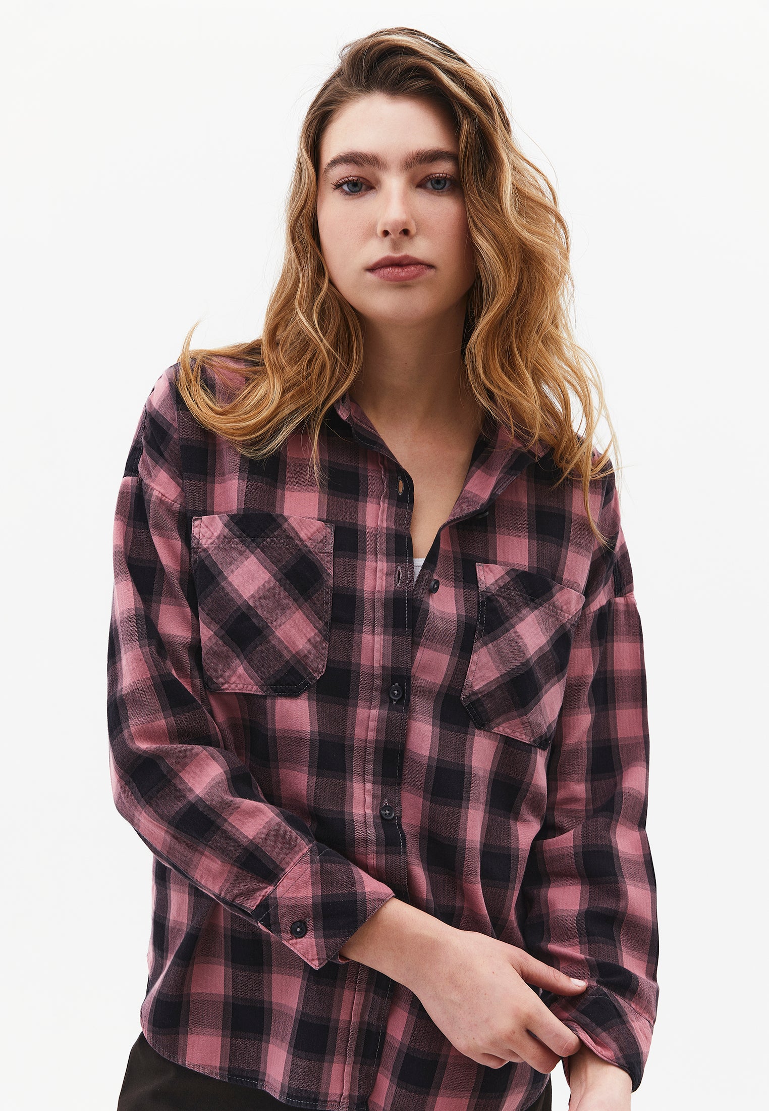 Oversize Short Shirt Collar Long Sleeve Shirt - BISON CHECK