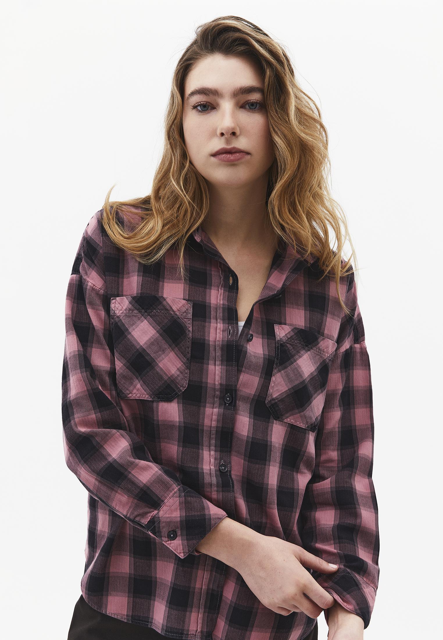 Oversize Short Shirt Collar Long Sleeve Shirt - BISON CHECK
