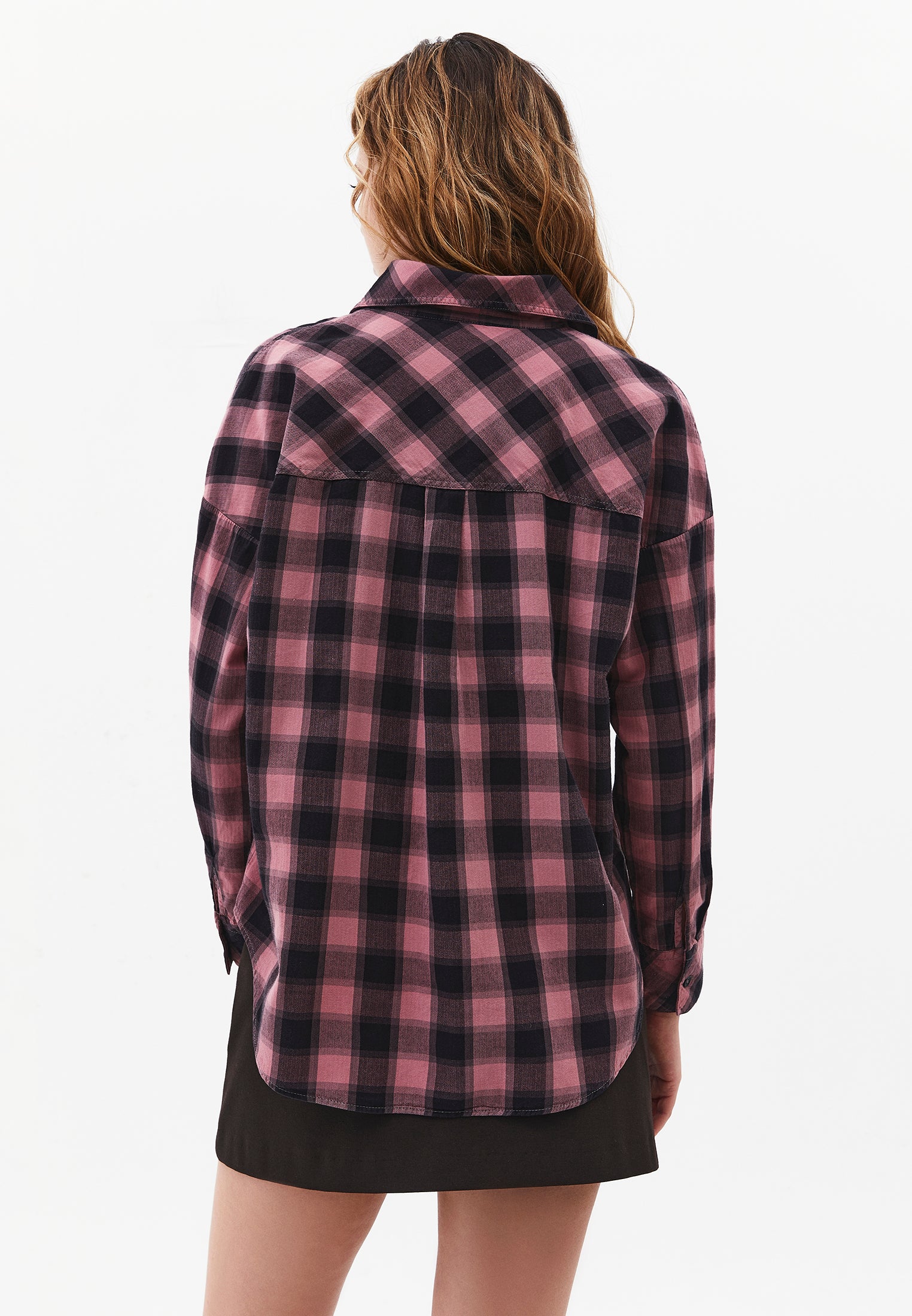 Oversize Short Shirt Collar Long Sleeve Shirt - BISON CHECK