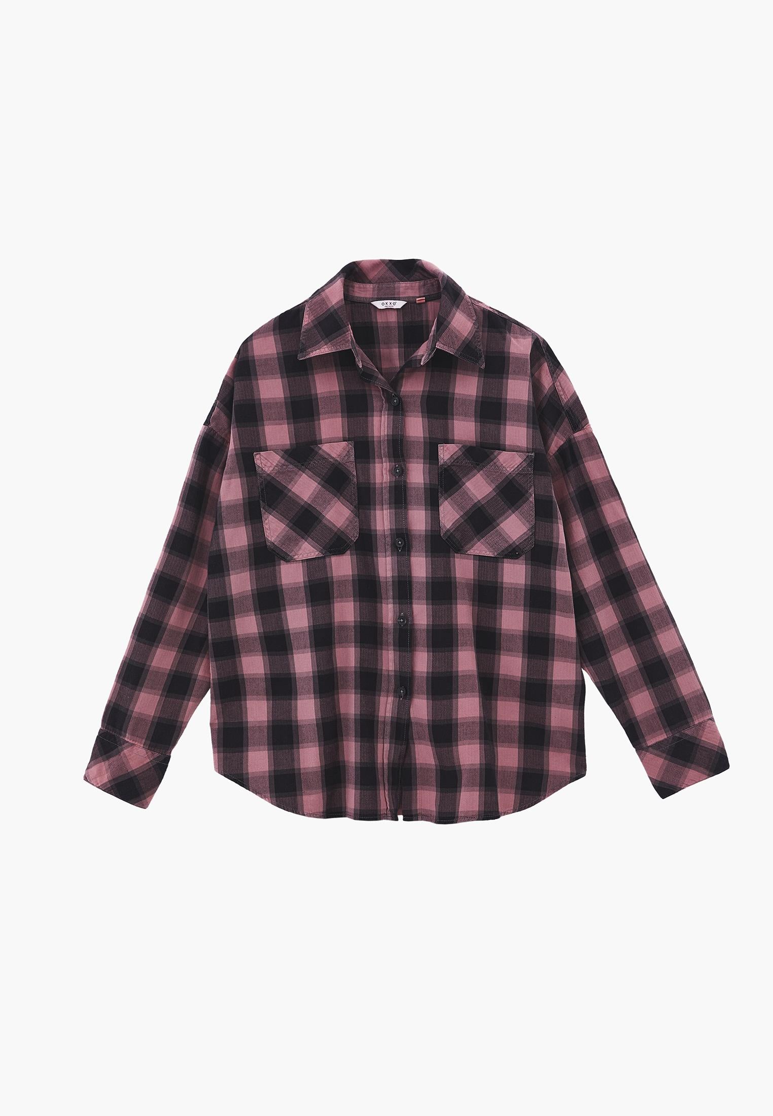 Oversize Short Shirt Collar Long Sleeve Shirt - BISON CHECK
