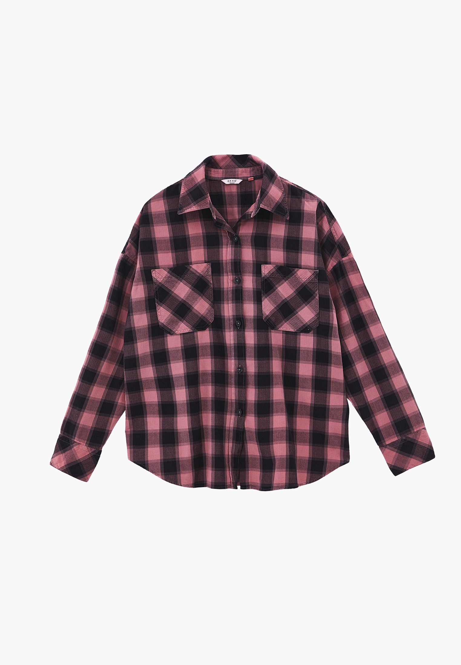 Oversize Short Shirt Collar Long Sleeve Shirt - BISON CHECK