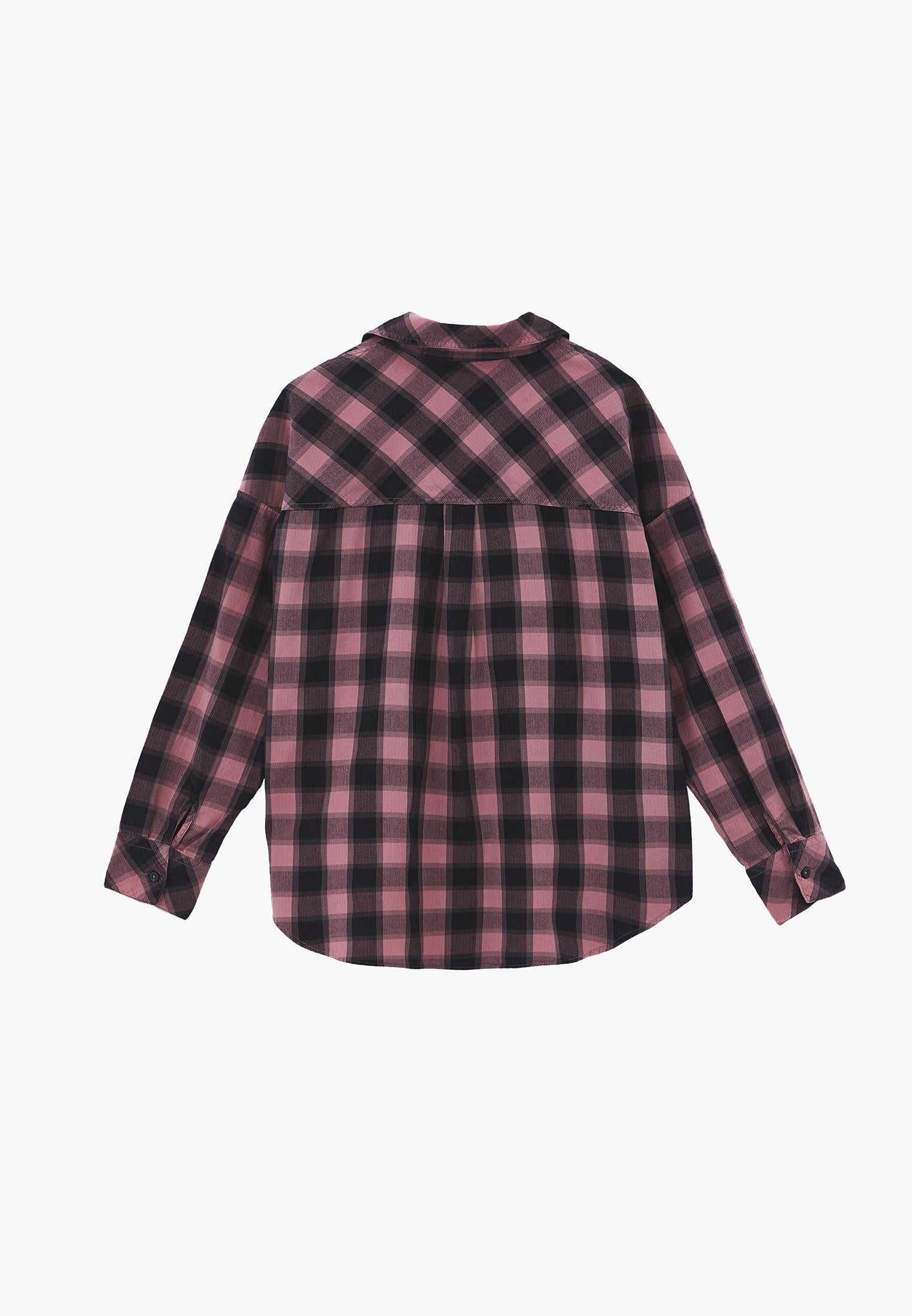 Oversize Short Shirt Collar Long Sleeve Shirt - BISON CHECK