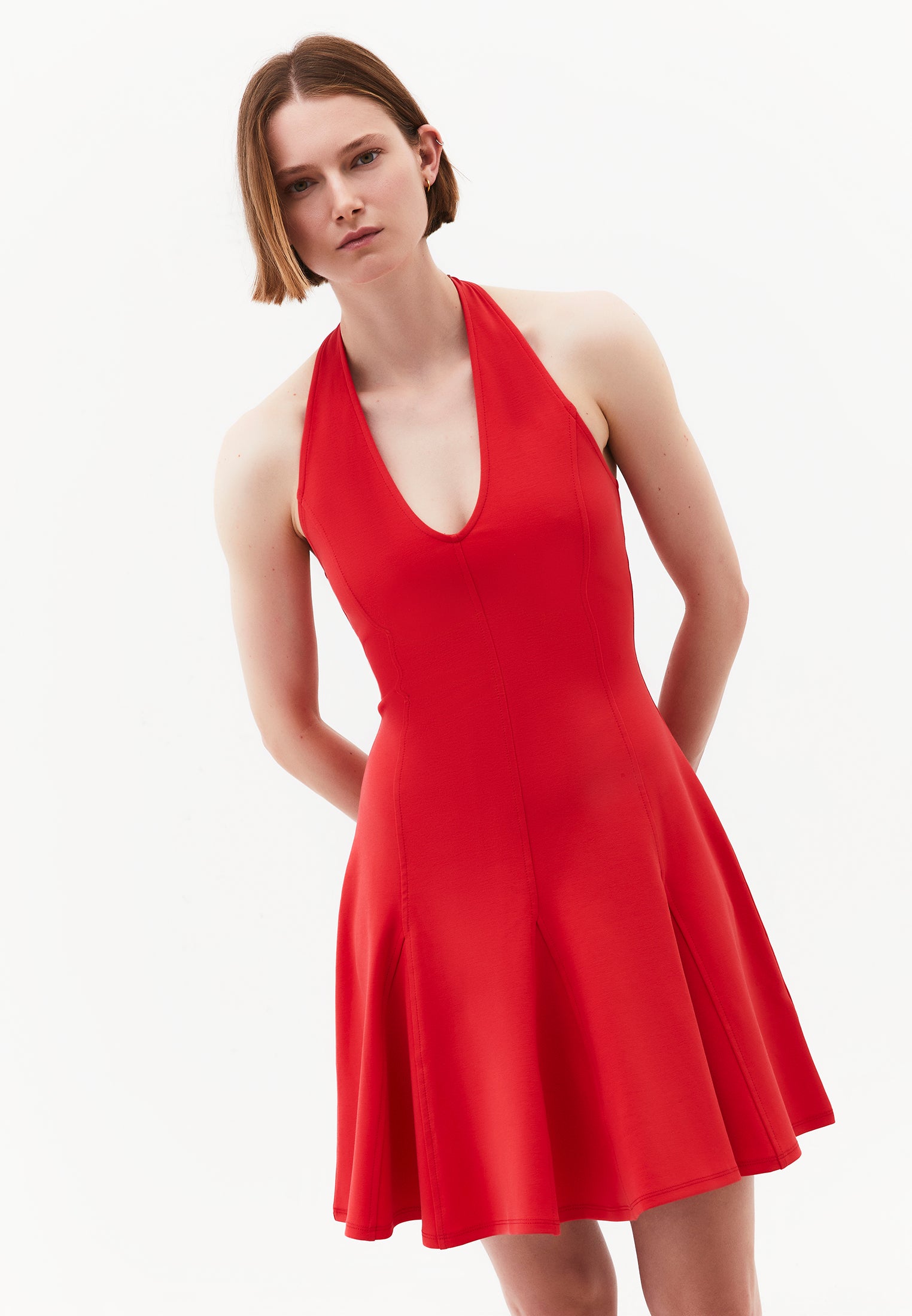 Flared Cut V-Neck Short Dress - BITTERSWEET