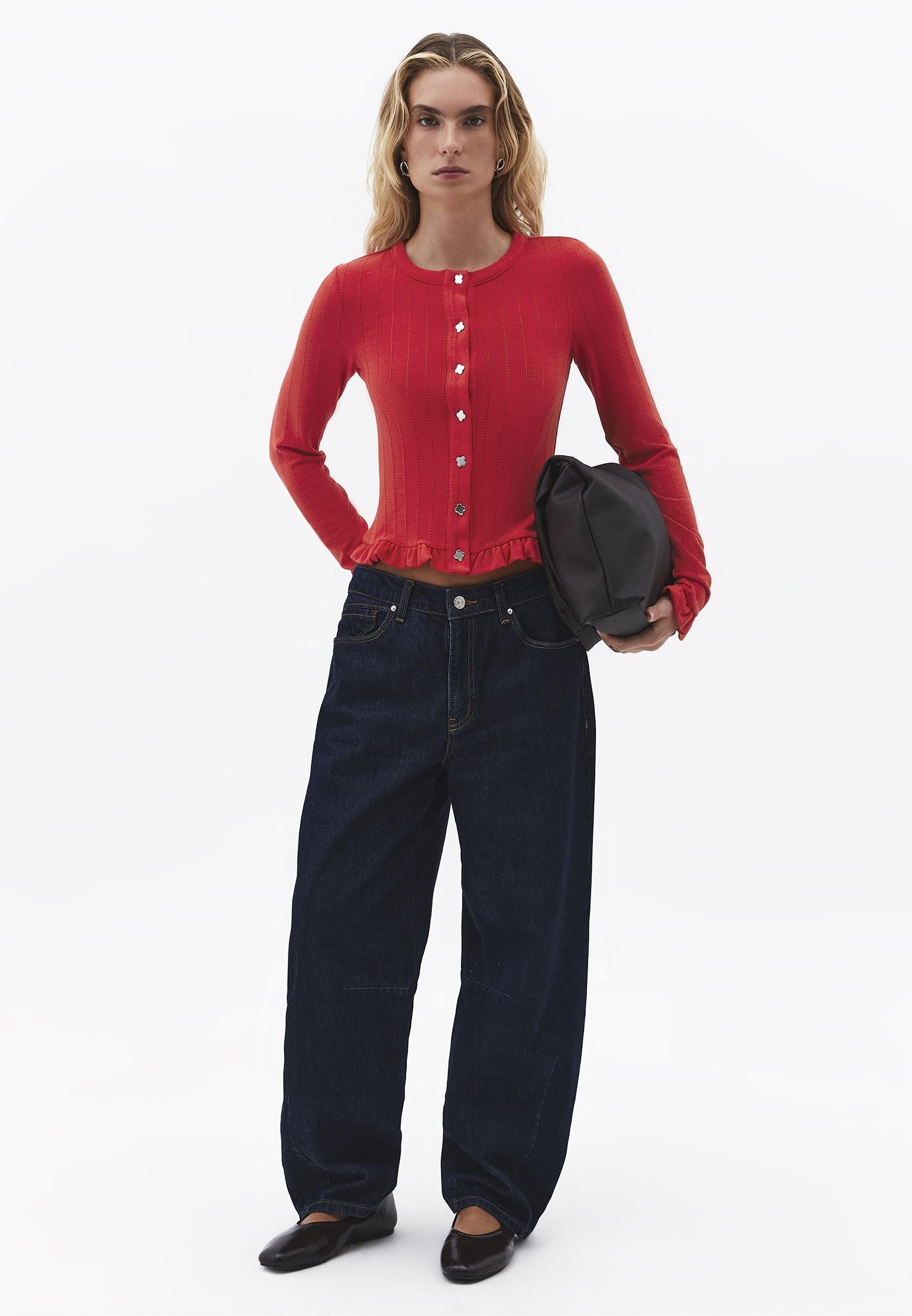 Cardigan With Ruffle Details And Round Neckline - BITTERSWEET