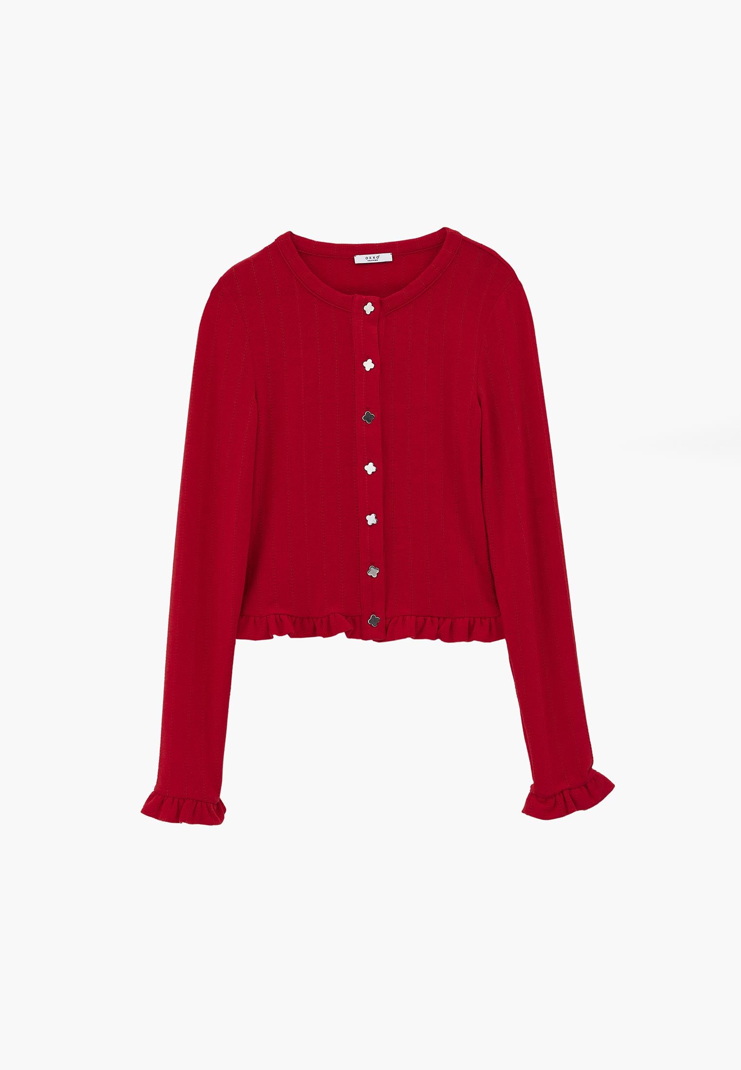 Cardigan With Ruffle Details And Round Neckline - BITTERSWEET