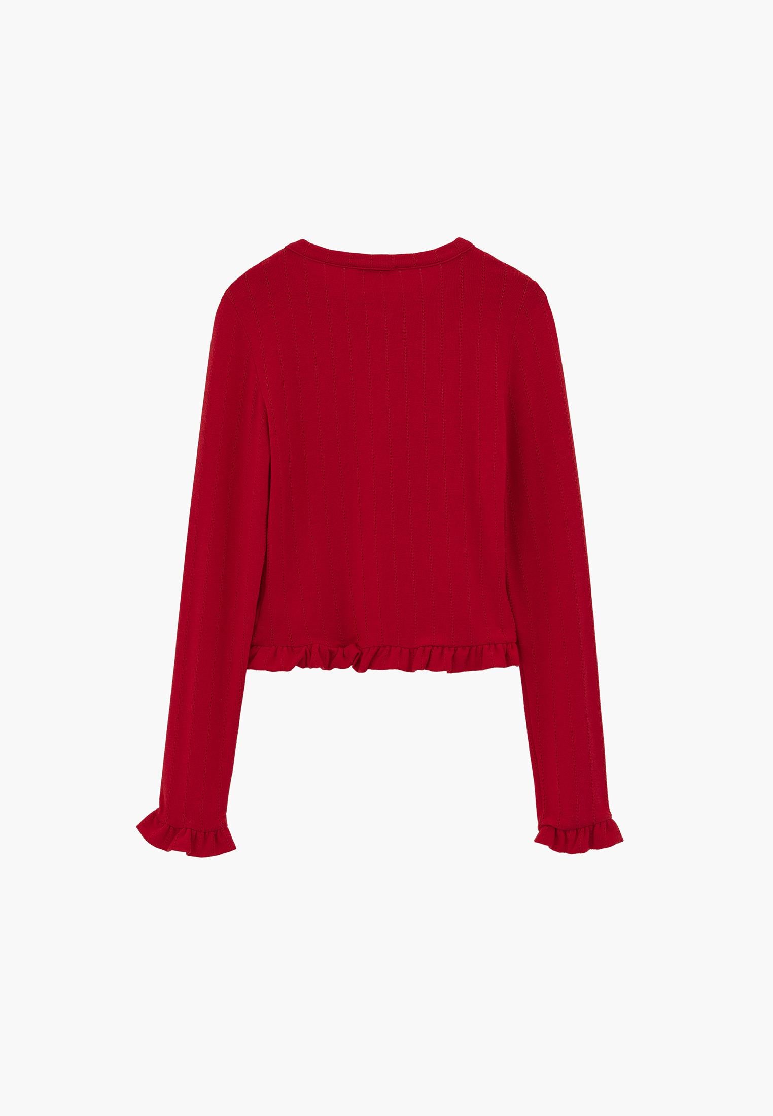 Cardigan With Ruffle Details And Round Neckline - BITTERSWEET