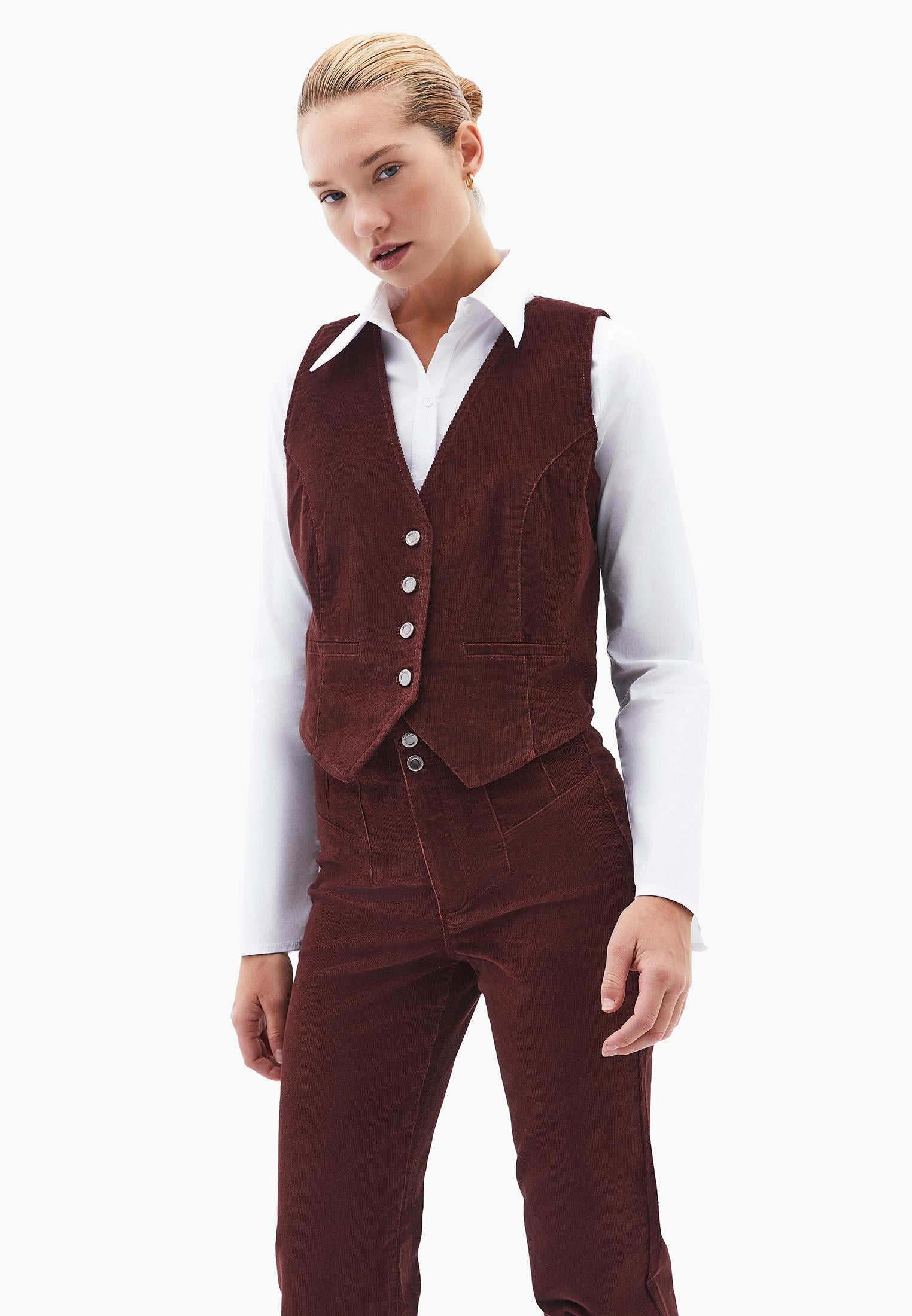 Sleeveless Vest With V Neck And Button Detail - BITTER CHOCOLATE