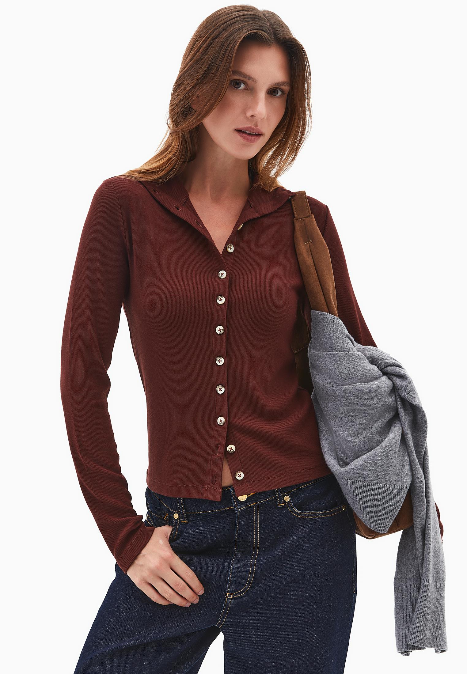 Bodycon Buttoned Blouse - BITTER CHOCOLATE