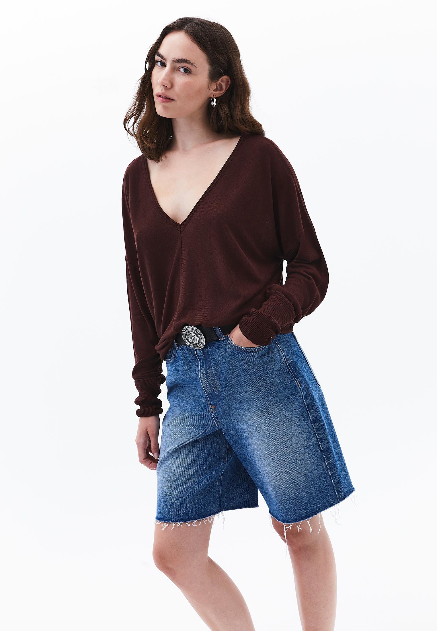 V Neck Long Sleeve Sweater - BITTER CHOCOLATE