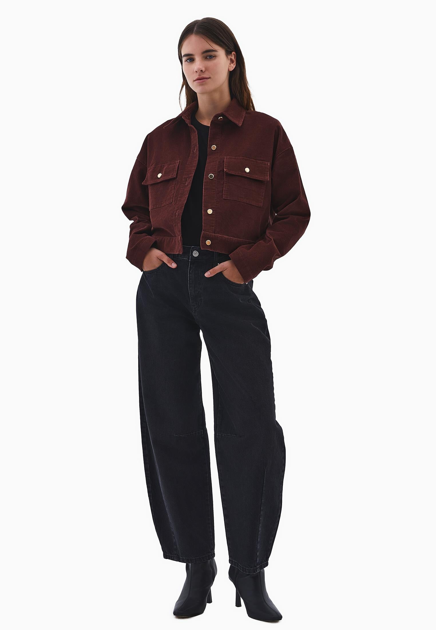 Corduroy Oversize Jacket With Ribbed Texture - BITTER CHOCOLATE
