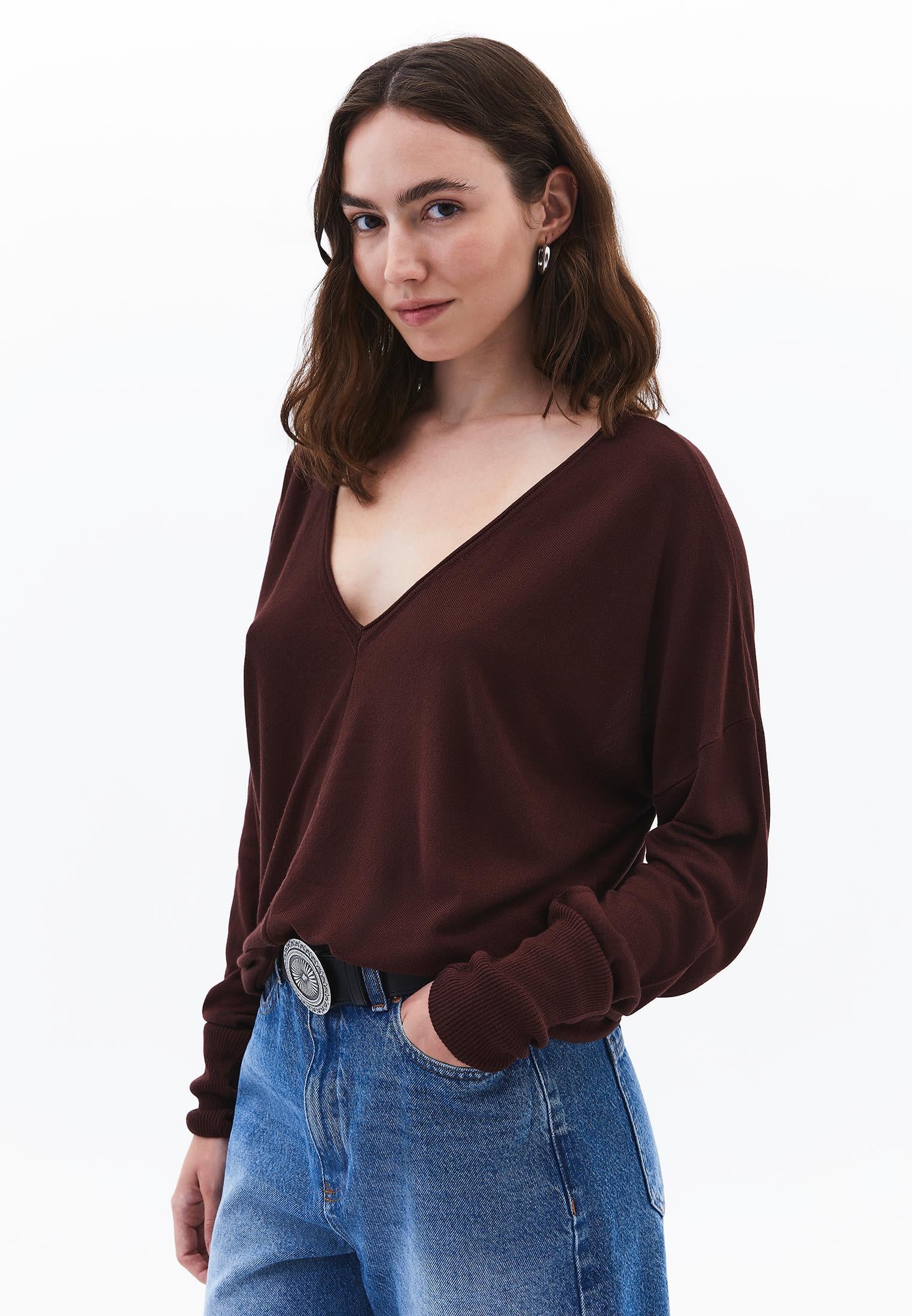 V Neck Long Sleeve Sweater - BITTER CHOCOLATE