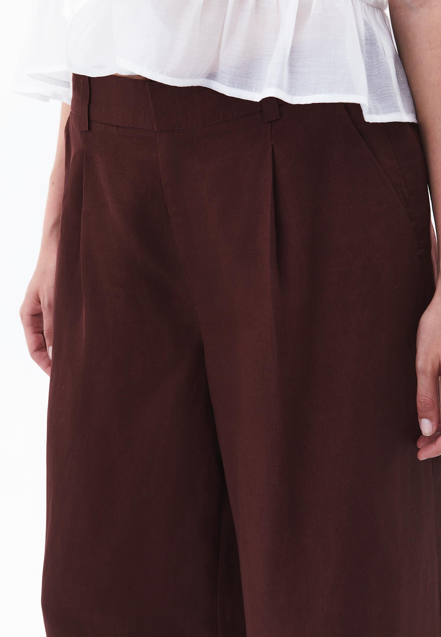 Pleated Ultra High Waist Cropped Culotte Trousers - BITTER CHOCOLATE