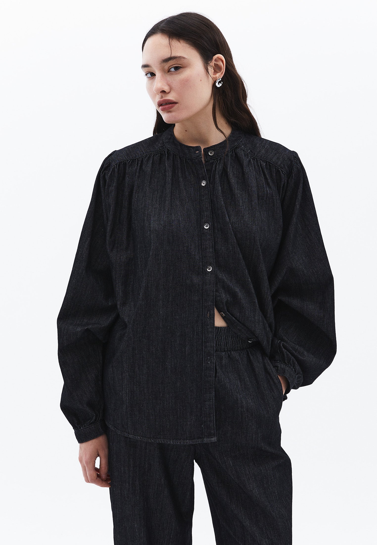 Bat Sleeve Mandarin Collar Buttoned Shirt - BLACK DENIM