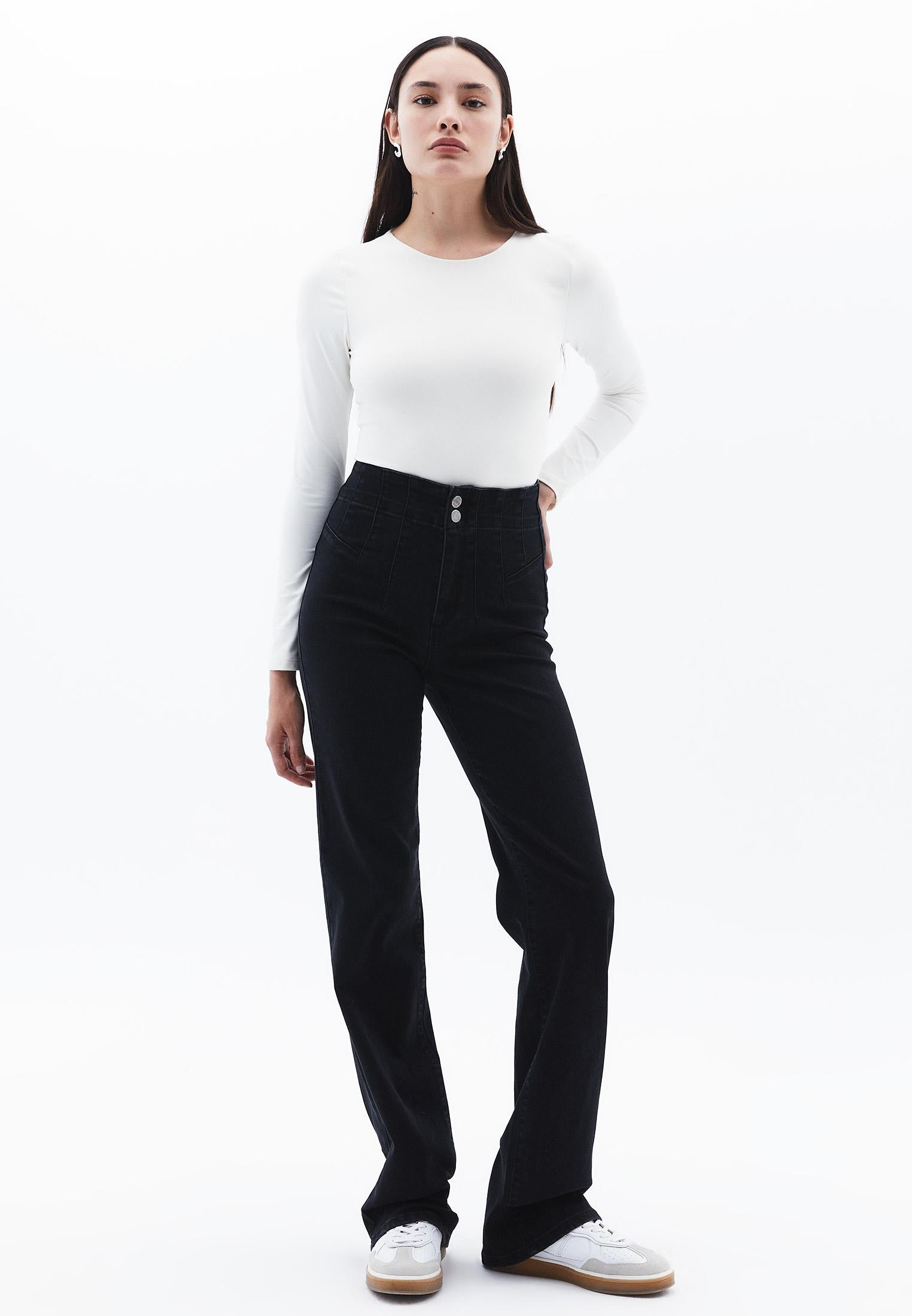 Ultra High Waist Straight Leg Pants - BLACK DENIM