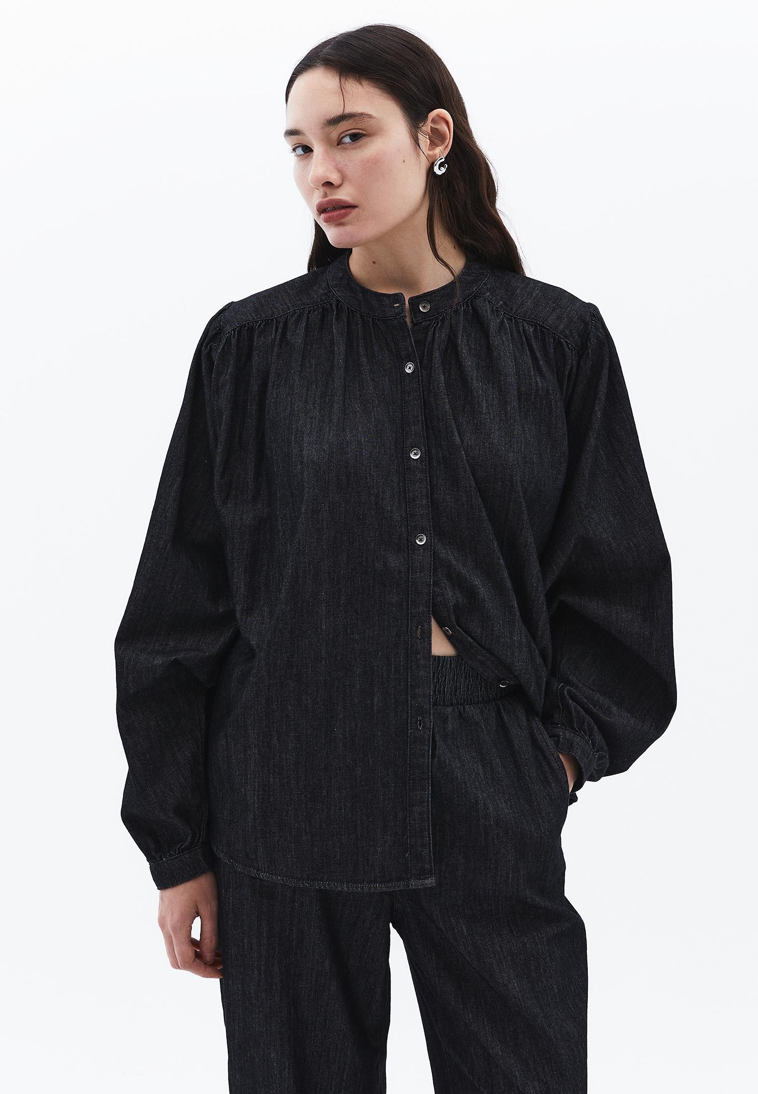 Bat Sleeve Mandarin Collar Buttoned Shirt - BLACK DENIM
