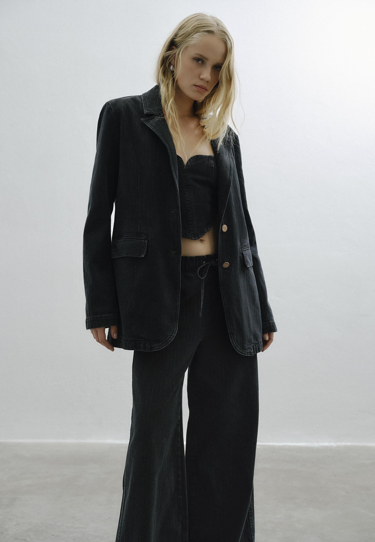 Double Breasted Lapel Boyfriend Blazer Jacket - BLACK DENIM