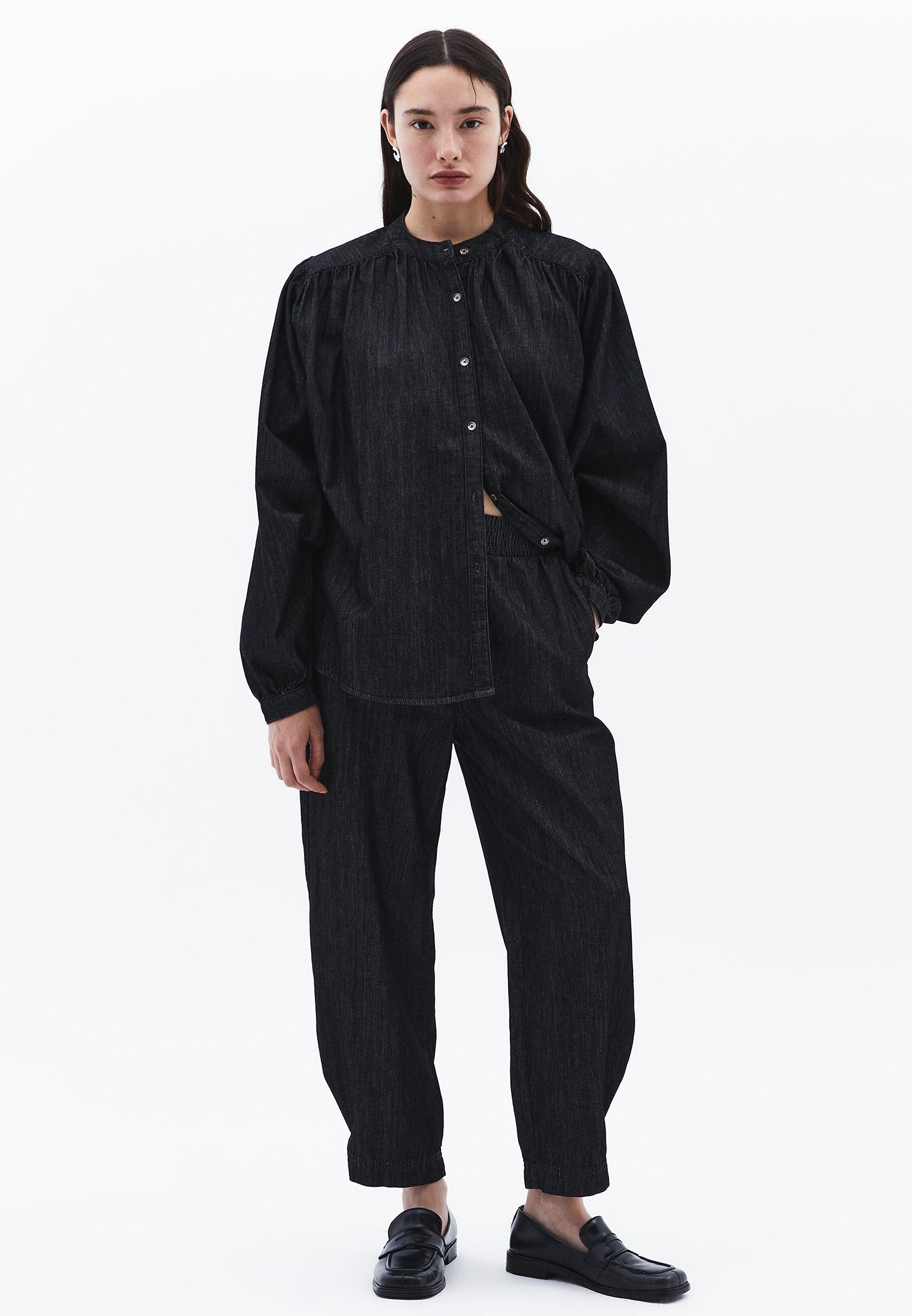 Bat Sleeve Mandarin Collar Buttoned Shirt - BLACK DENIM