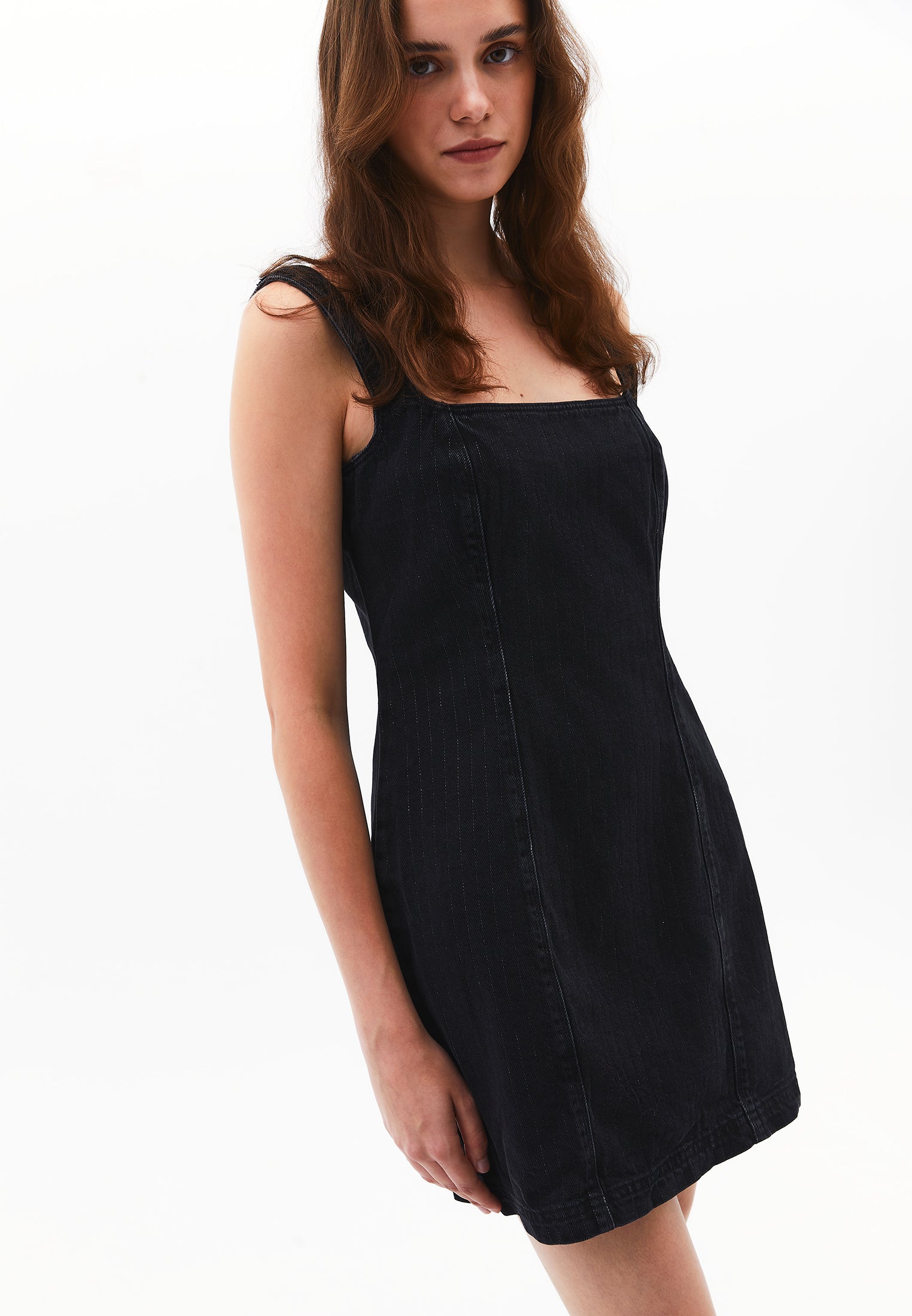 Short Dress With Square Neckline - BLACK DENIM