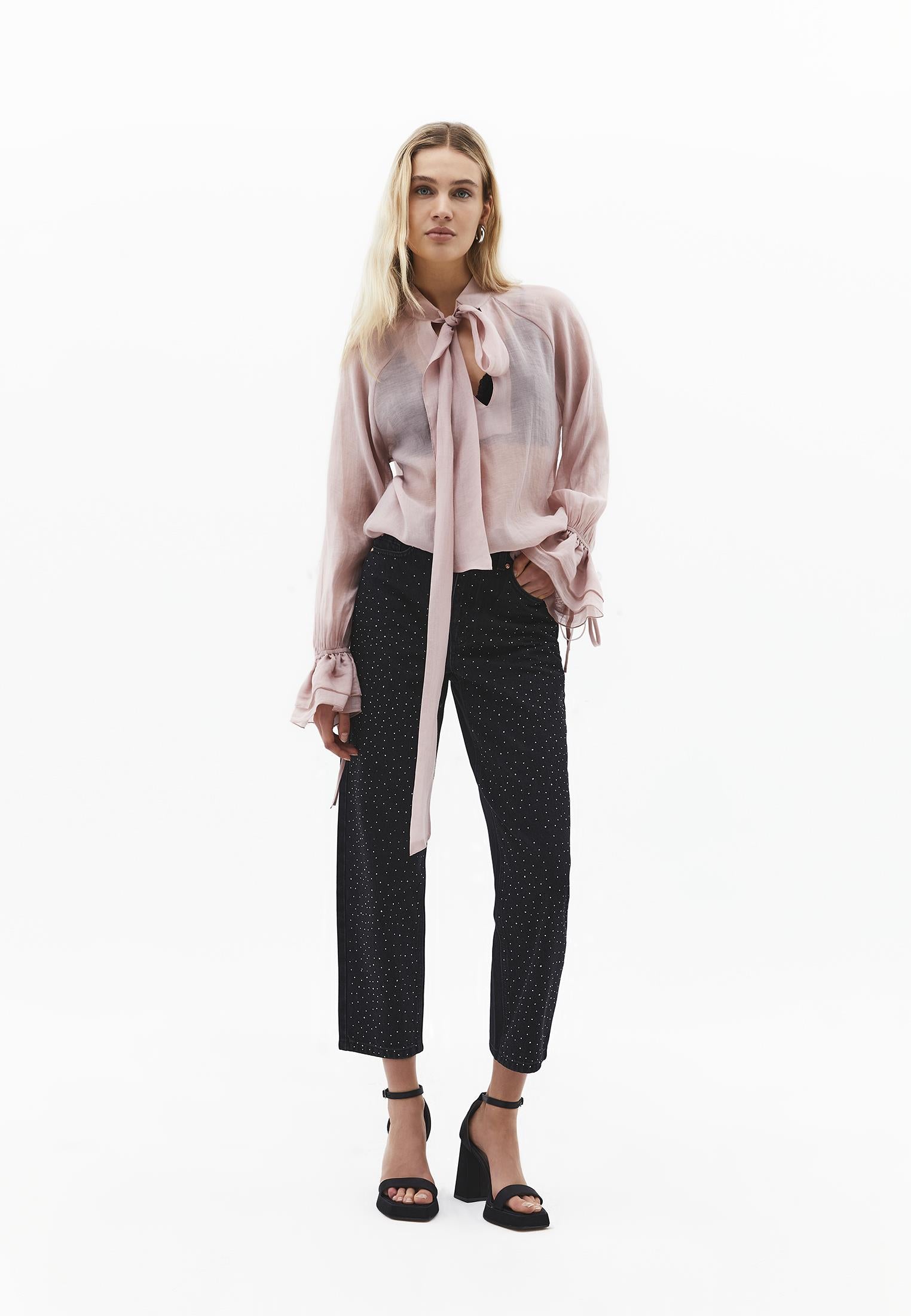 Ultra High Waist Mom Jeans Pants With Stone Details - BLACK DENIM