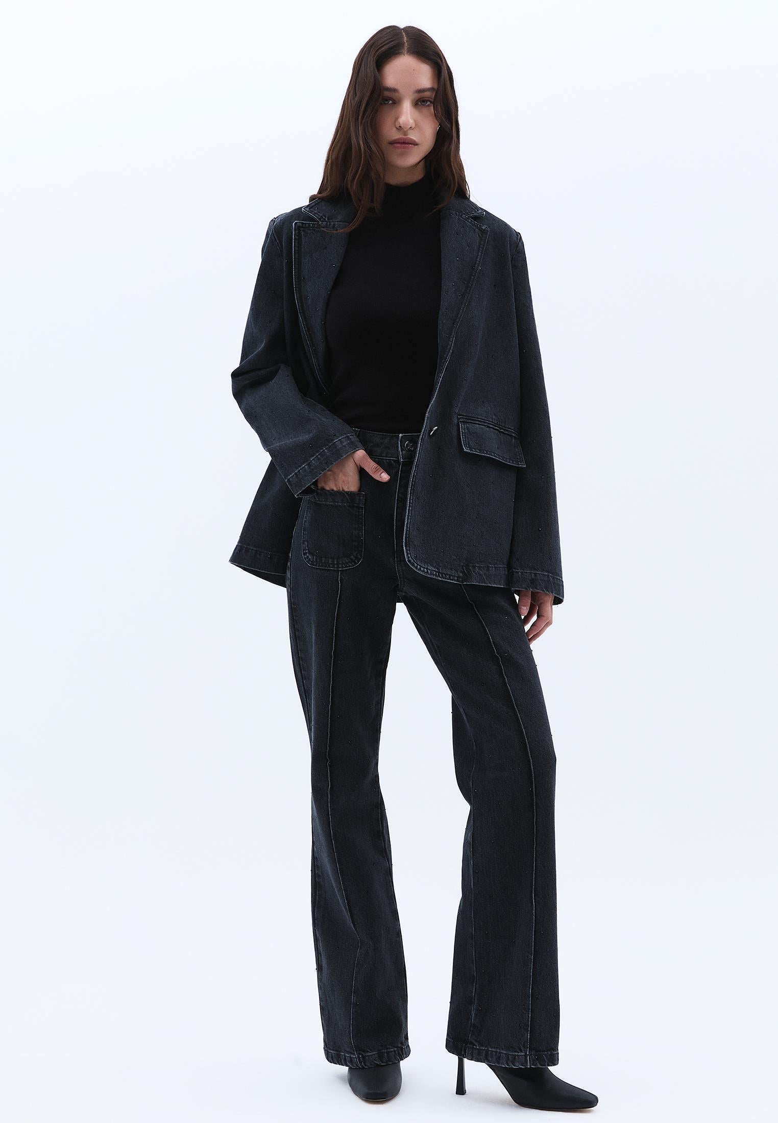 Ultra High Waist Flared Spanish Pants - BLACK DENIM