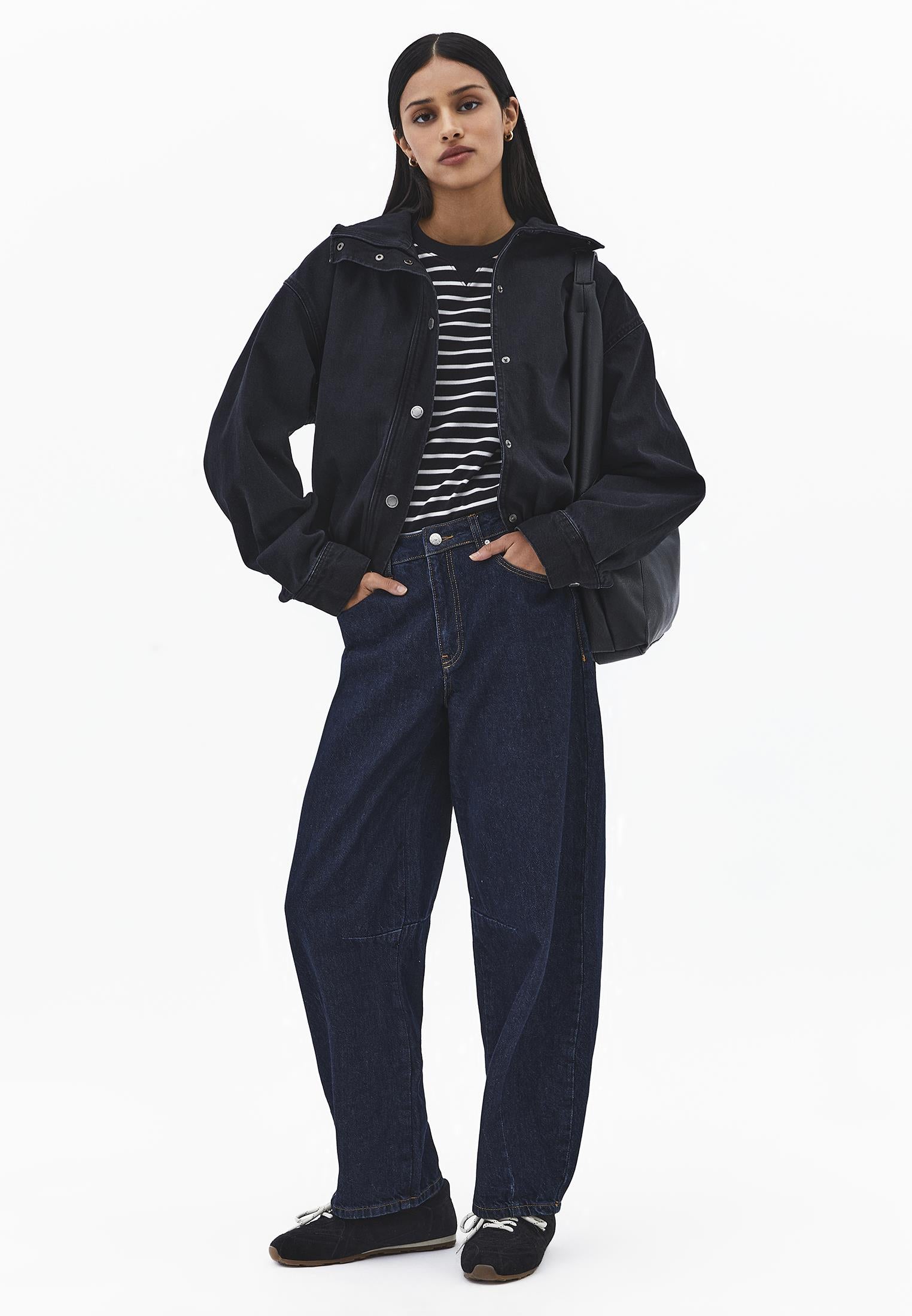 Oversize High Neck Bomber Jacket - BLACK DENIM
