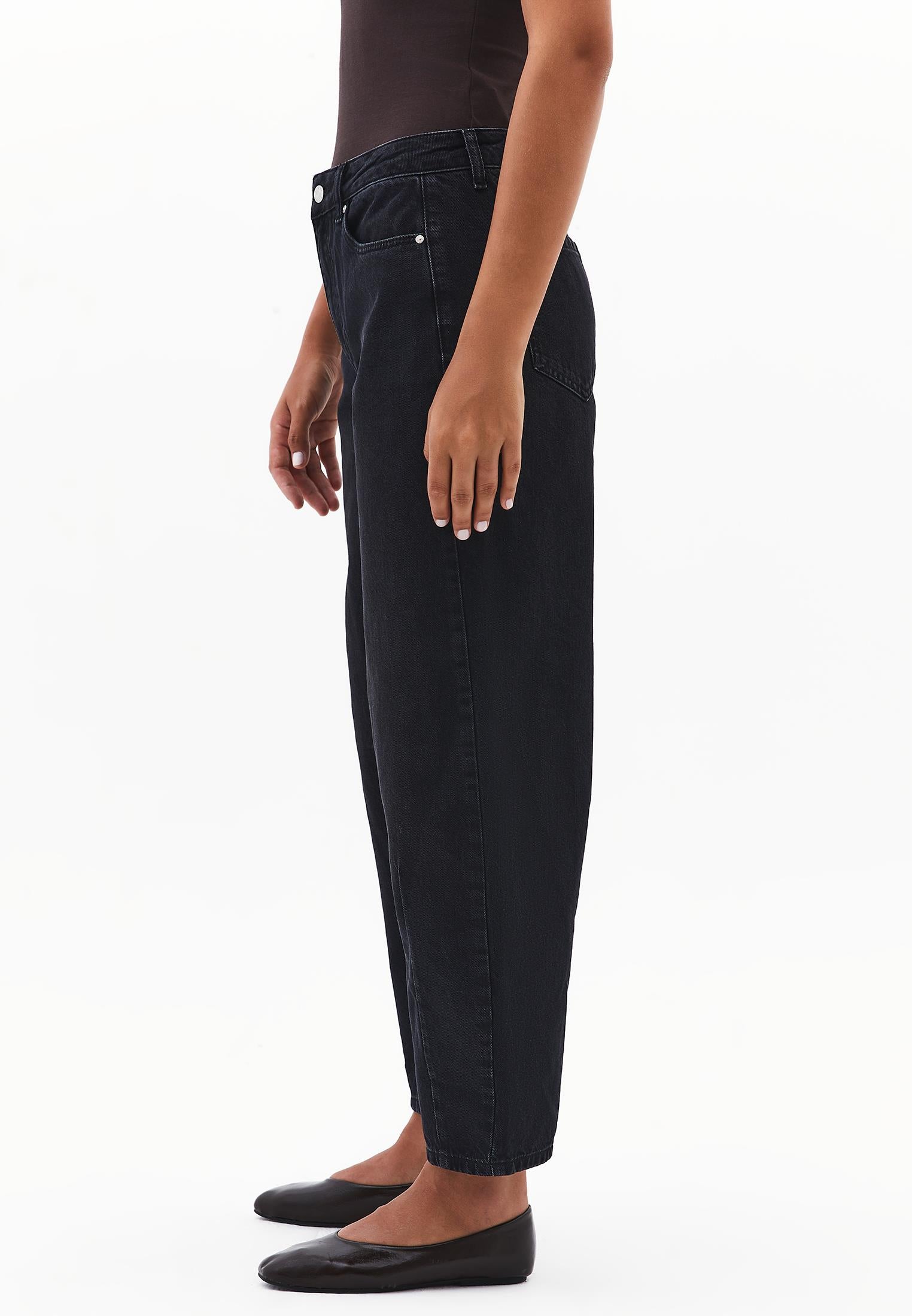 Cut Detail Barrel Leg Regular Waist Denim Pants - BLACK DENIM