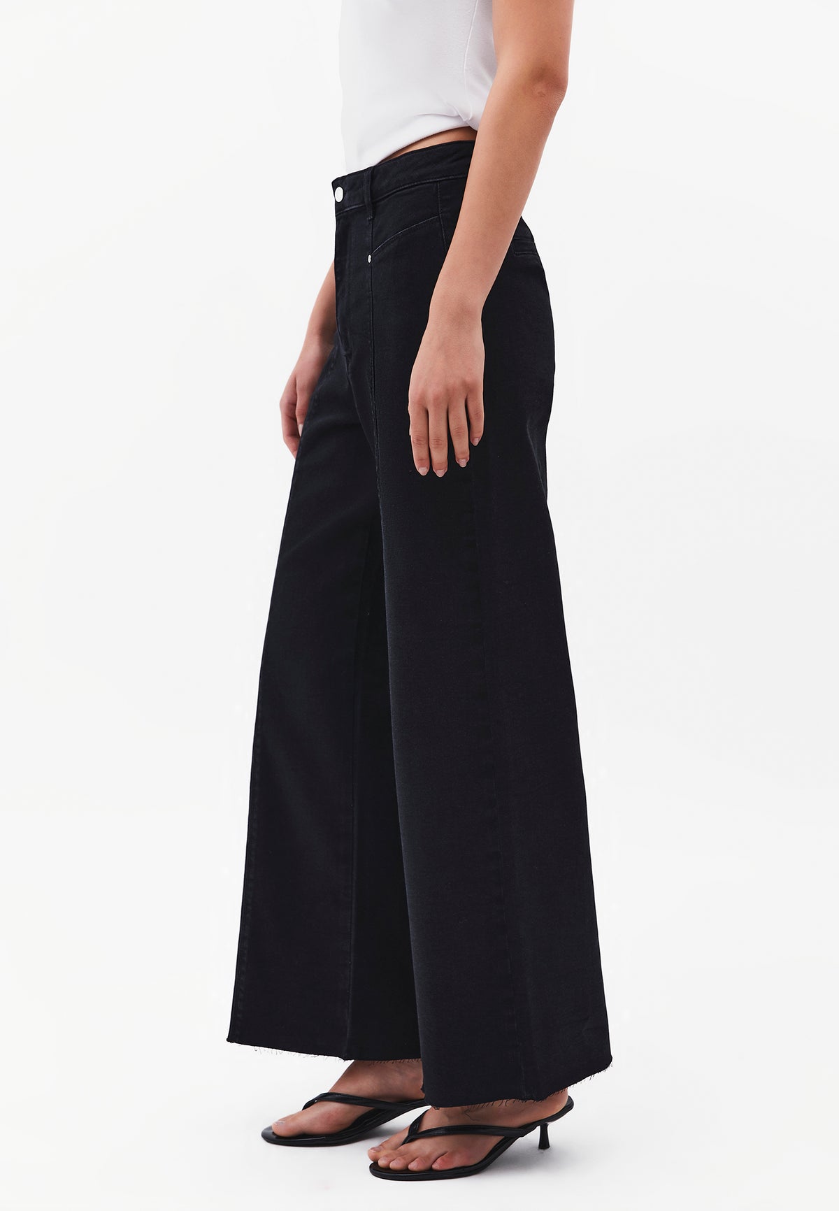 Wide Leg Cropped Pants - BLACK DENIM