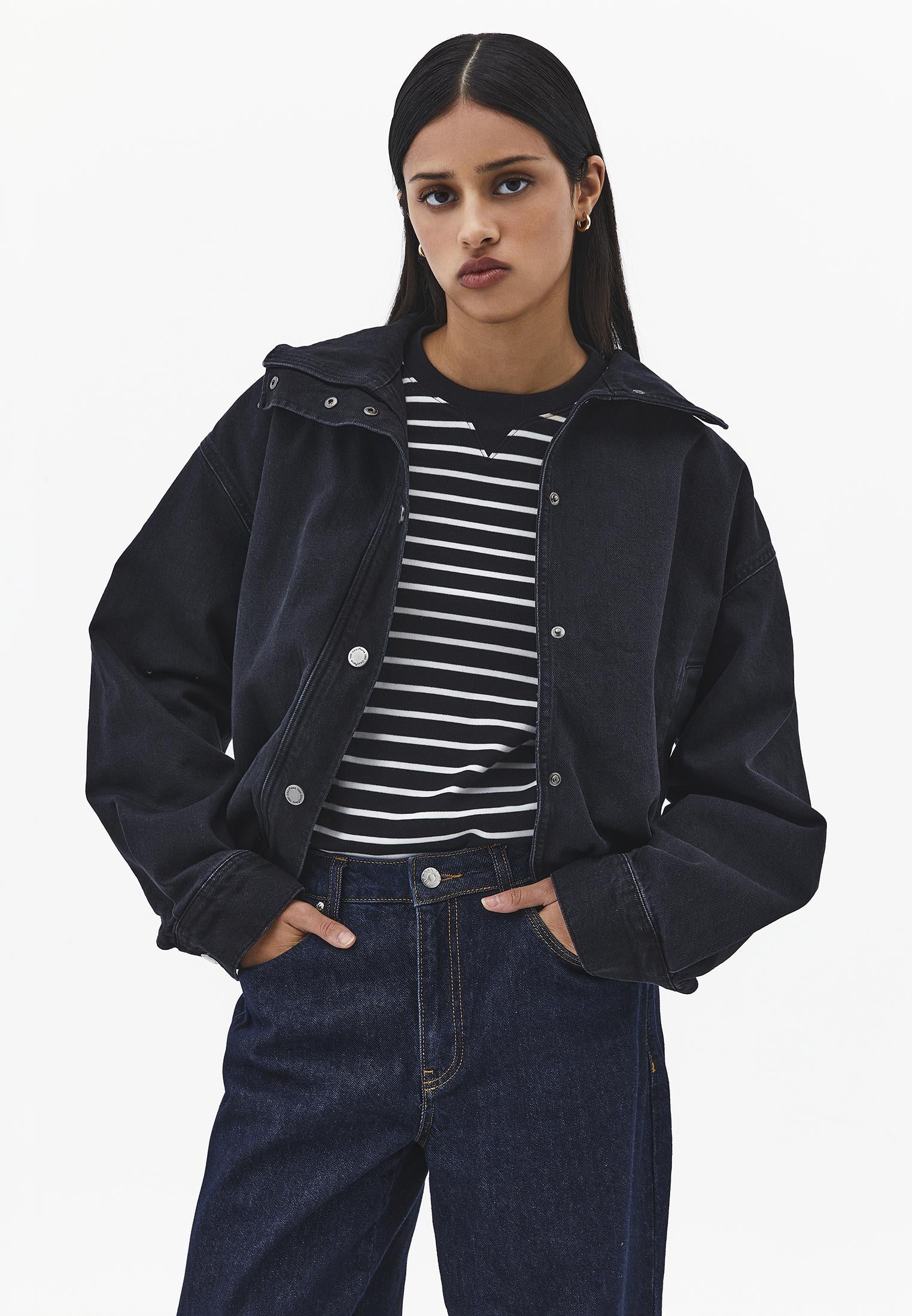 Oversize High Neck Bomber Jacket - BLACK DENIM