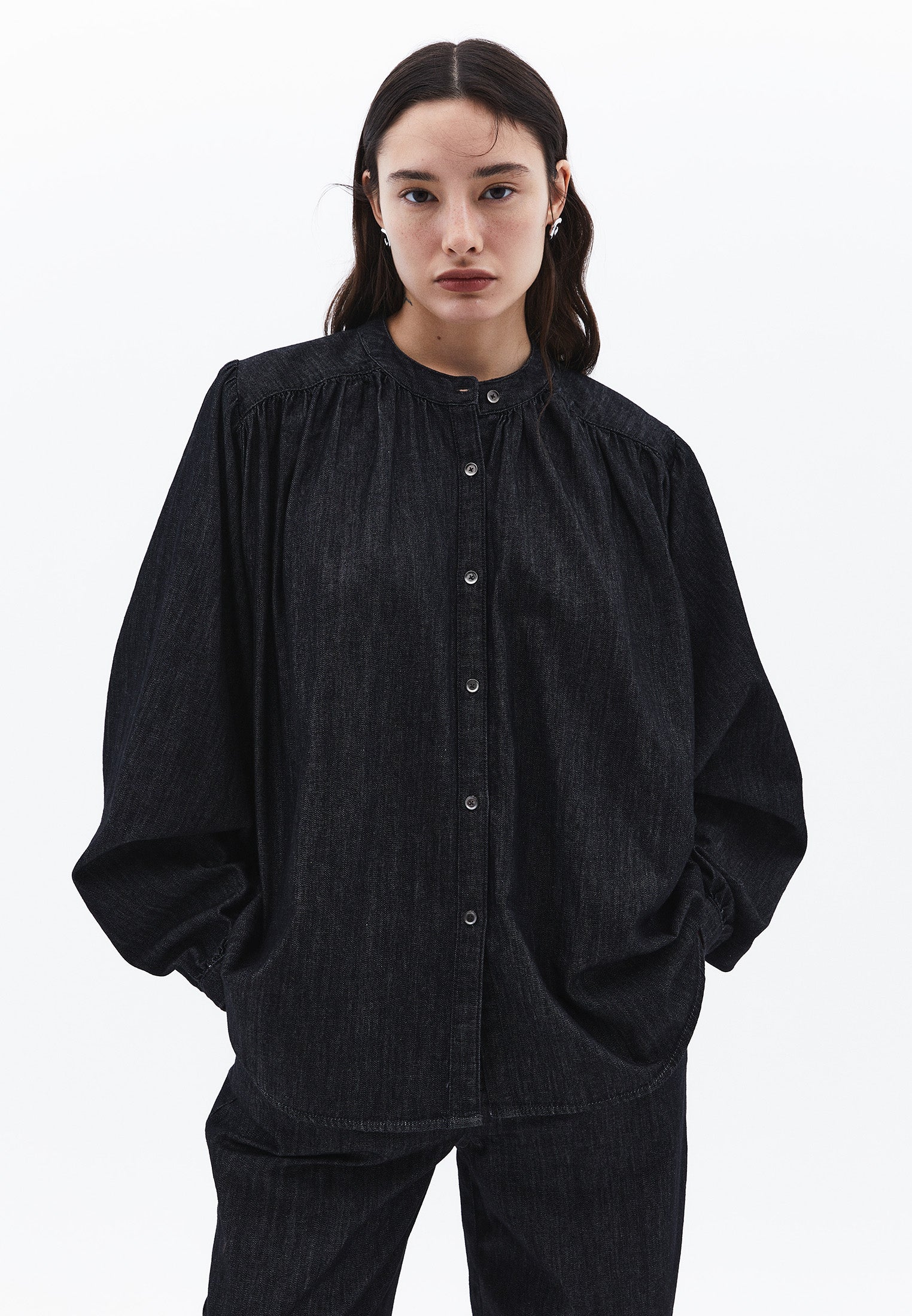 Bat Sleeve Mandarin Collar Buttoned Shirt - BLACK DENIM