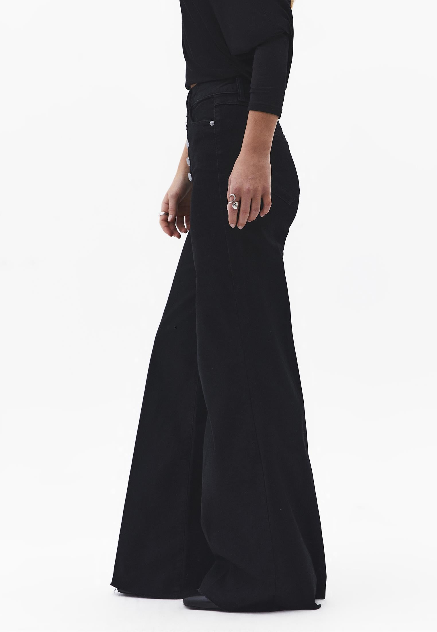 Button Detailed Wide Leg High Waist Denim Pants - BLACK DENIM