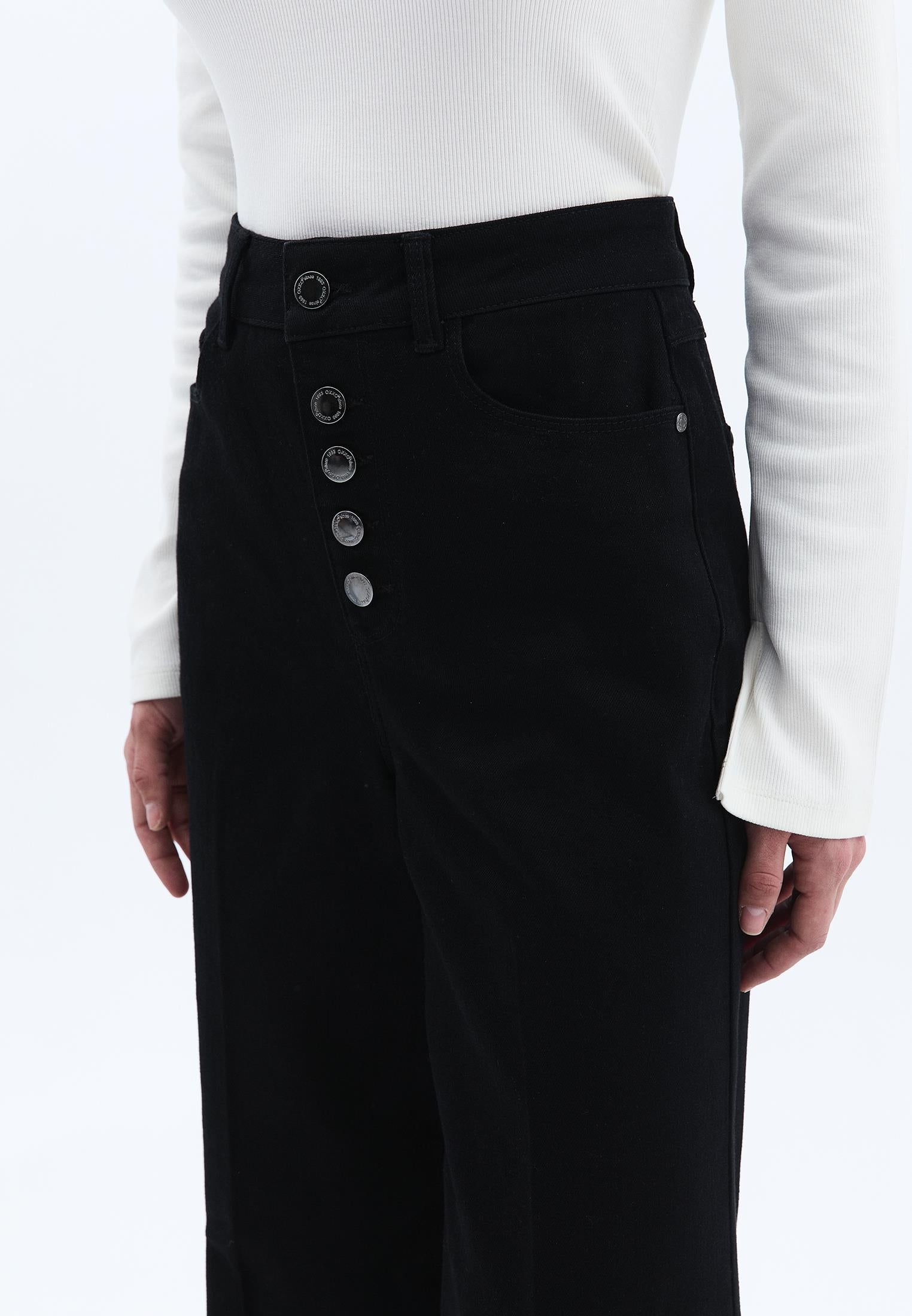High Waist Wide Leg Women's Pants - BLACK DENIM