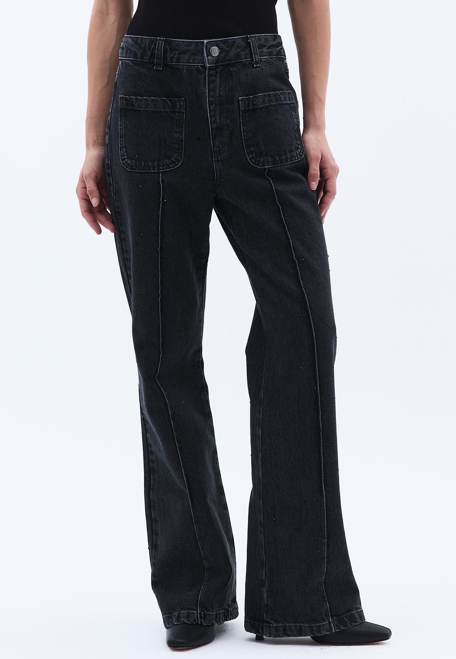 Ultra High Waist Flared Spanish Pants - BLACK DENIM