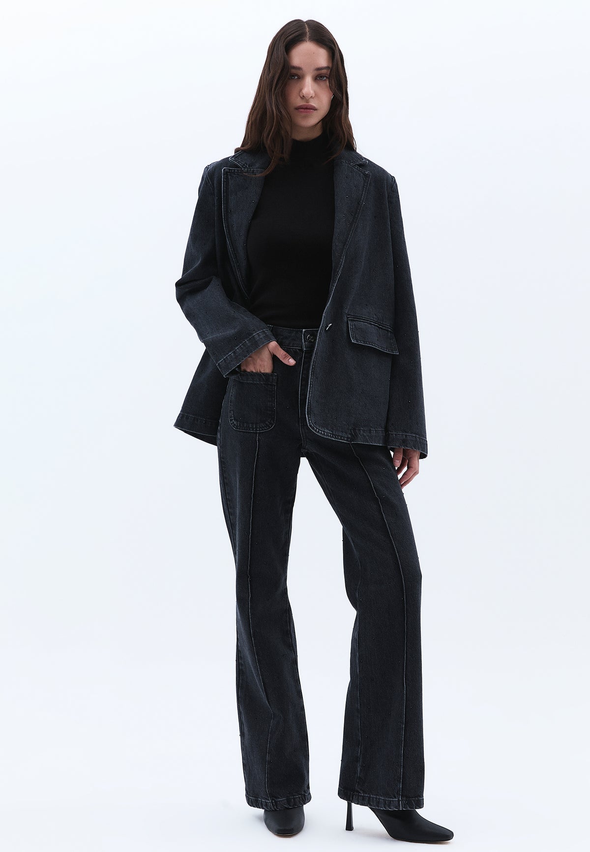 Double-Breasted Collar Oversize Tunic Blazer Jacket - BLACK DENIM