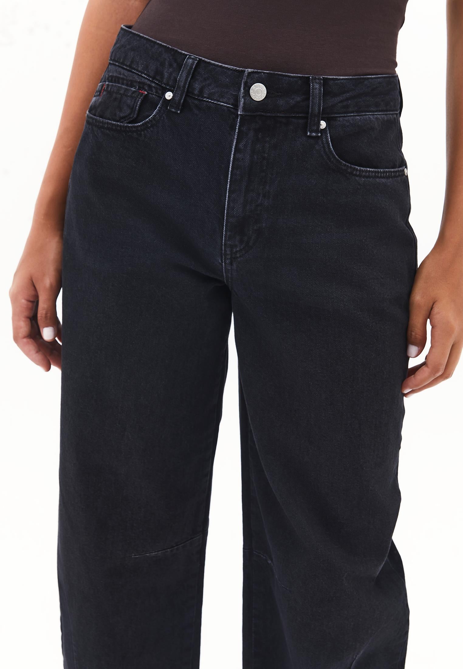 Cut Detail Barrel Leg Regular Waist Denim Pants - BLACK DENIM