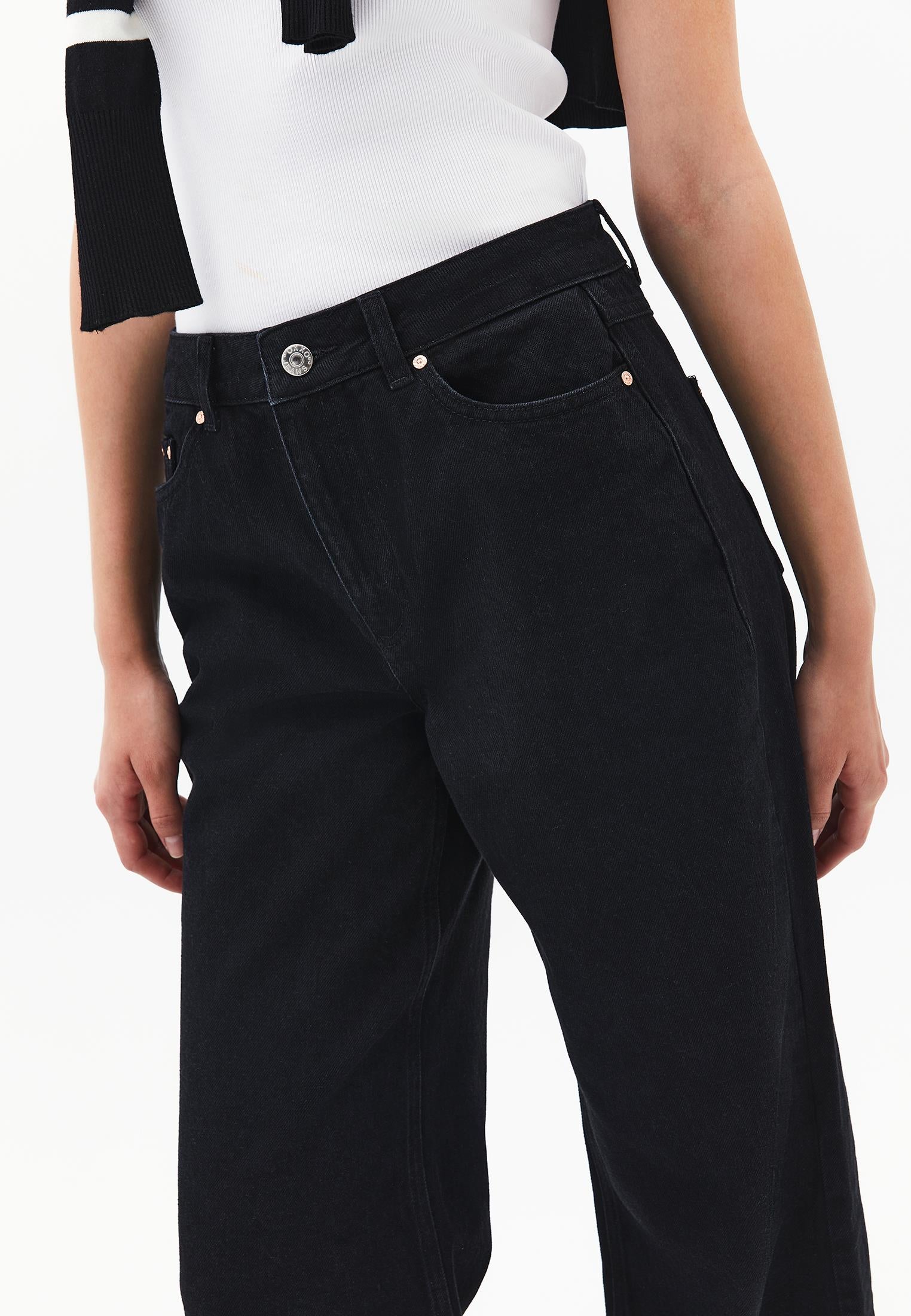 Wide Leg High Waist Denim Pants With Pocket Details - BLACK DENIM