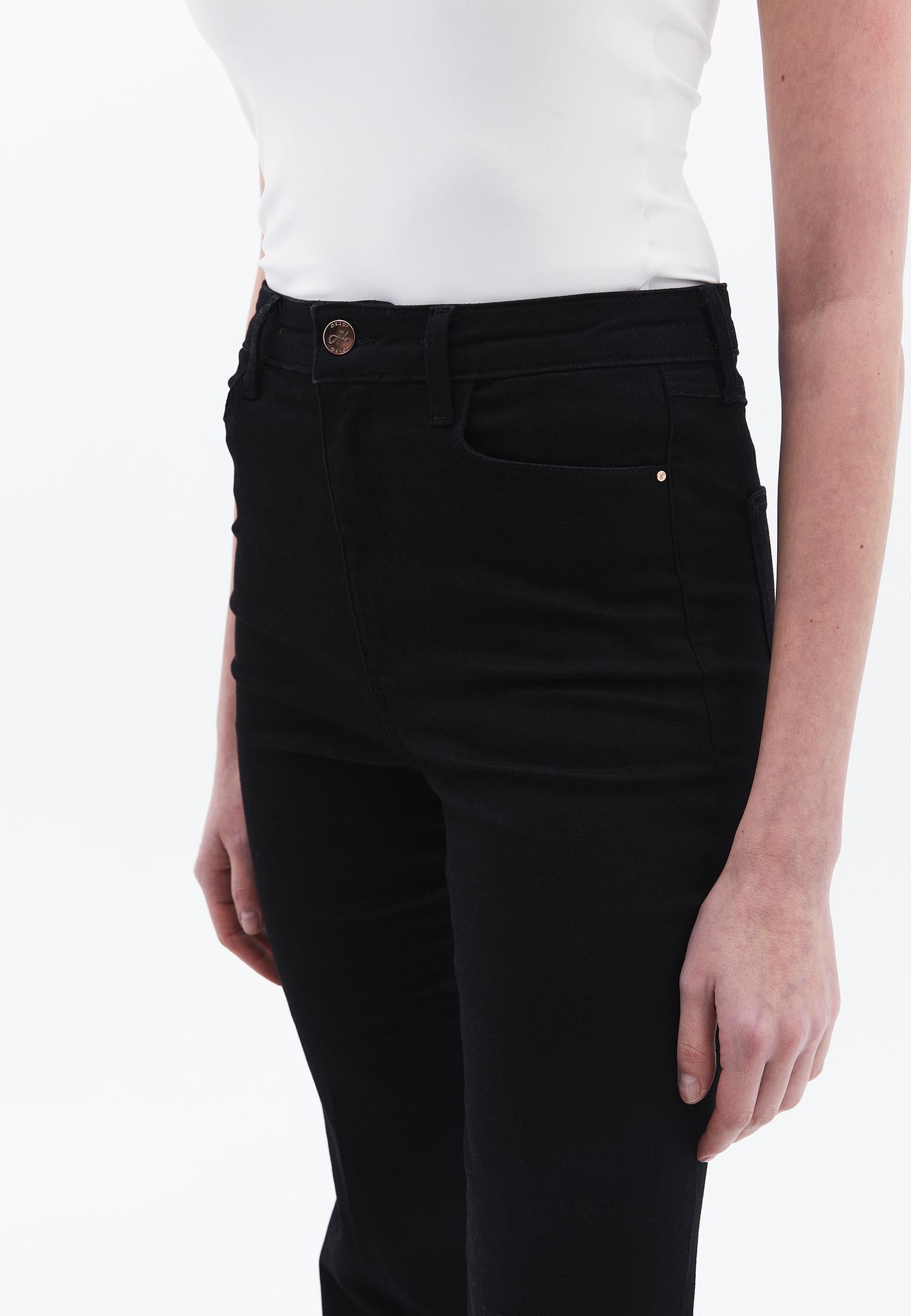 Ultra High Waist Flared Pants With Button Details - BLACK DENIM